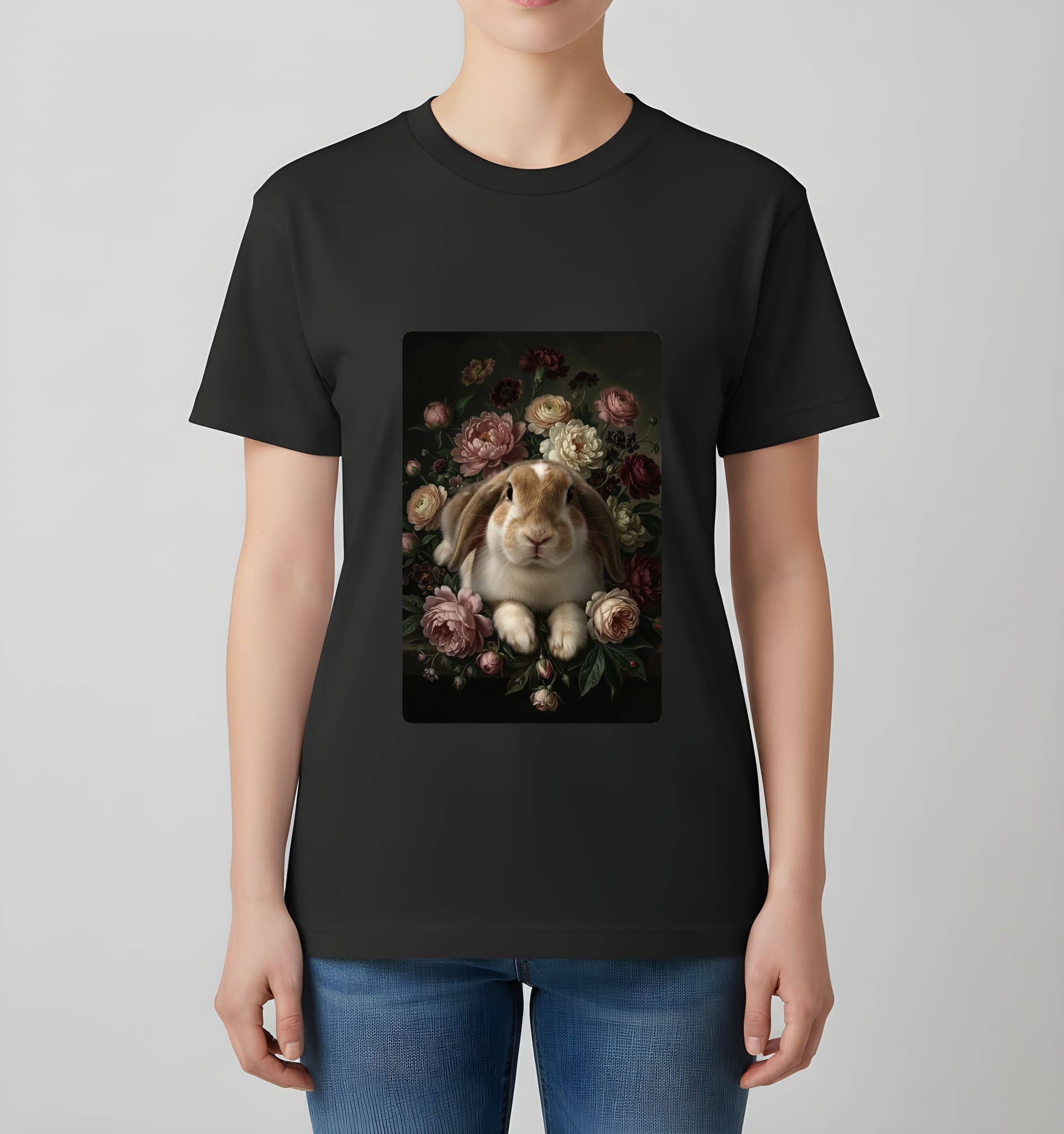 フレンチロップの花の油絵風アート花柄Tシャツ(ブラック) 4