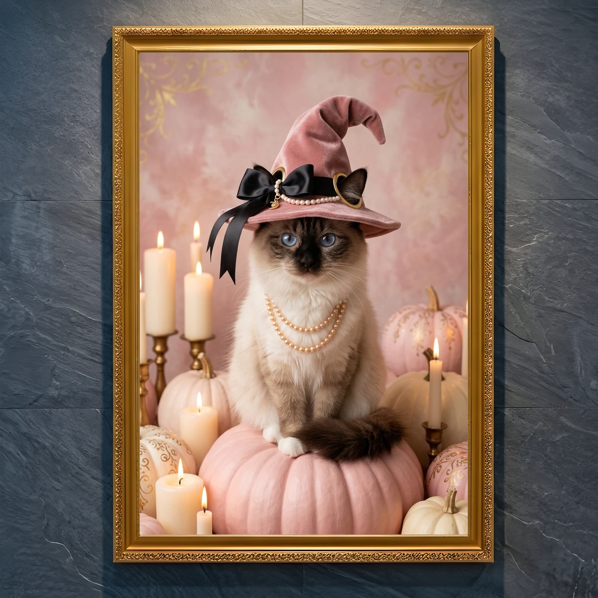 バーマンのかぼちゃとキャンドルの油絵風アートハロウィン額装プリント(A4金縁)