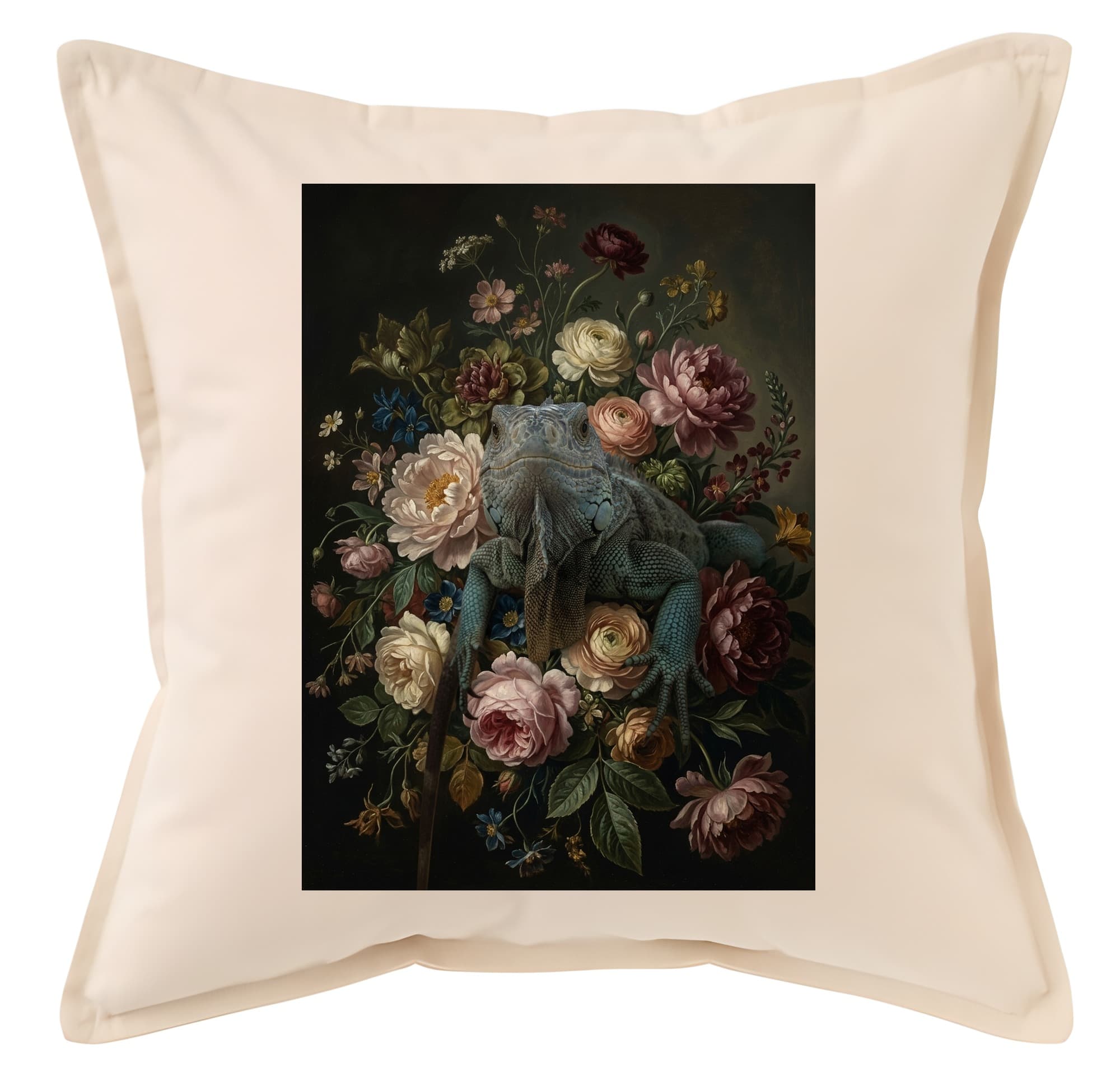 Green Iguana Floral Oil-Painting Floral Cushion