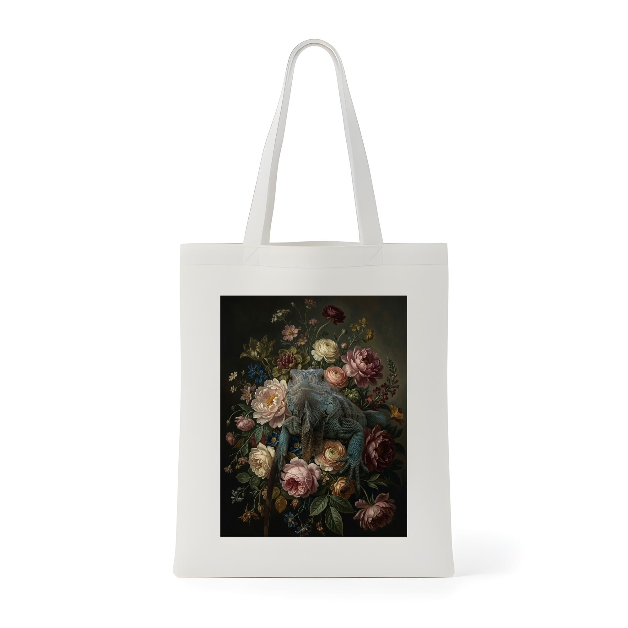 グリーンイグアナの花の油絵風アート花柄トートバッグ