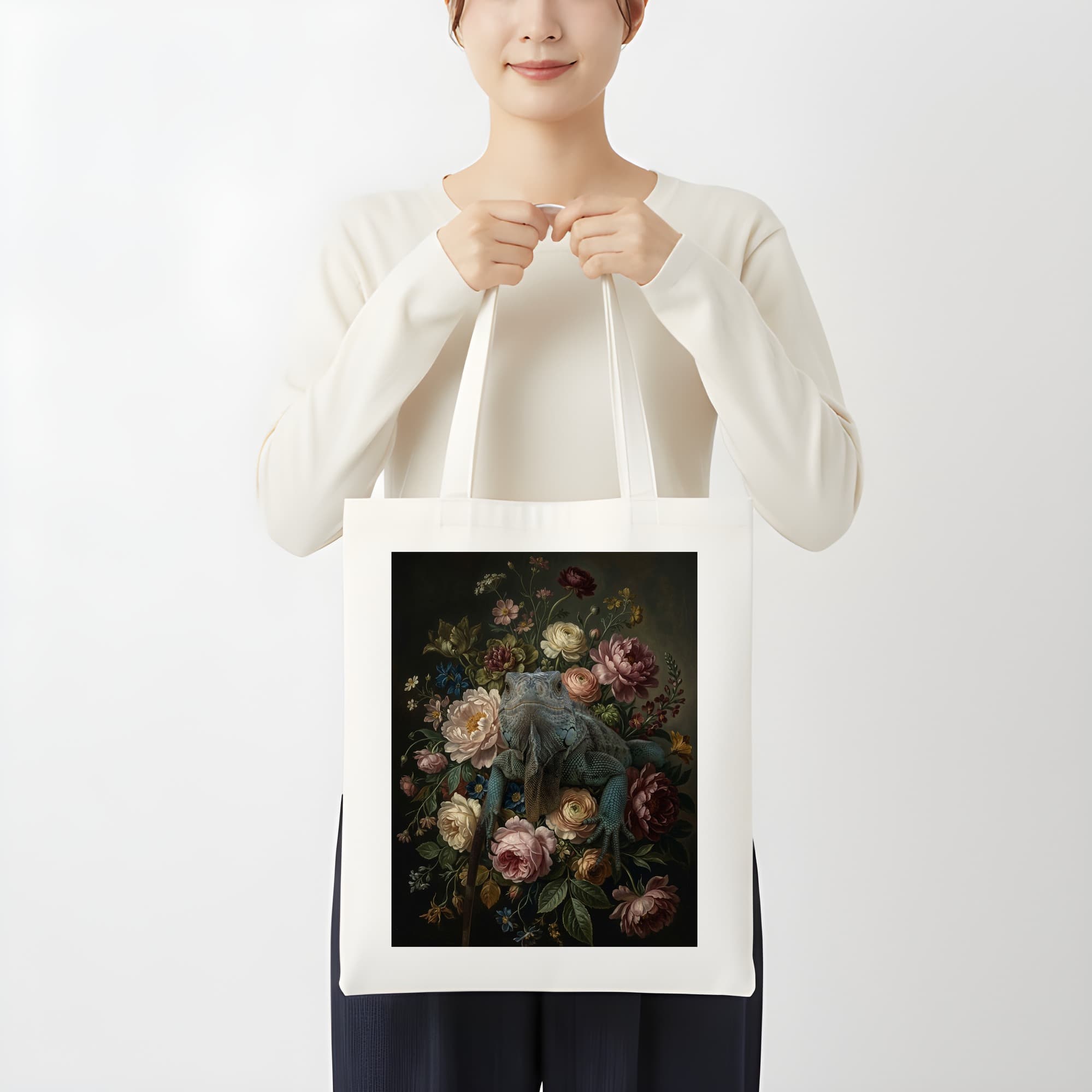 グリーンイグアナの花の油絵風アート花柄トートバッグ 3