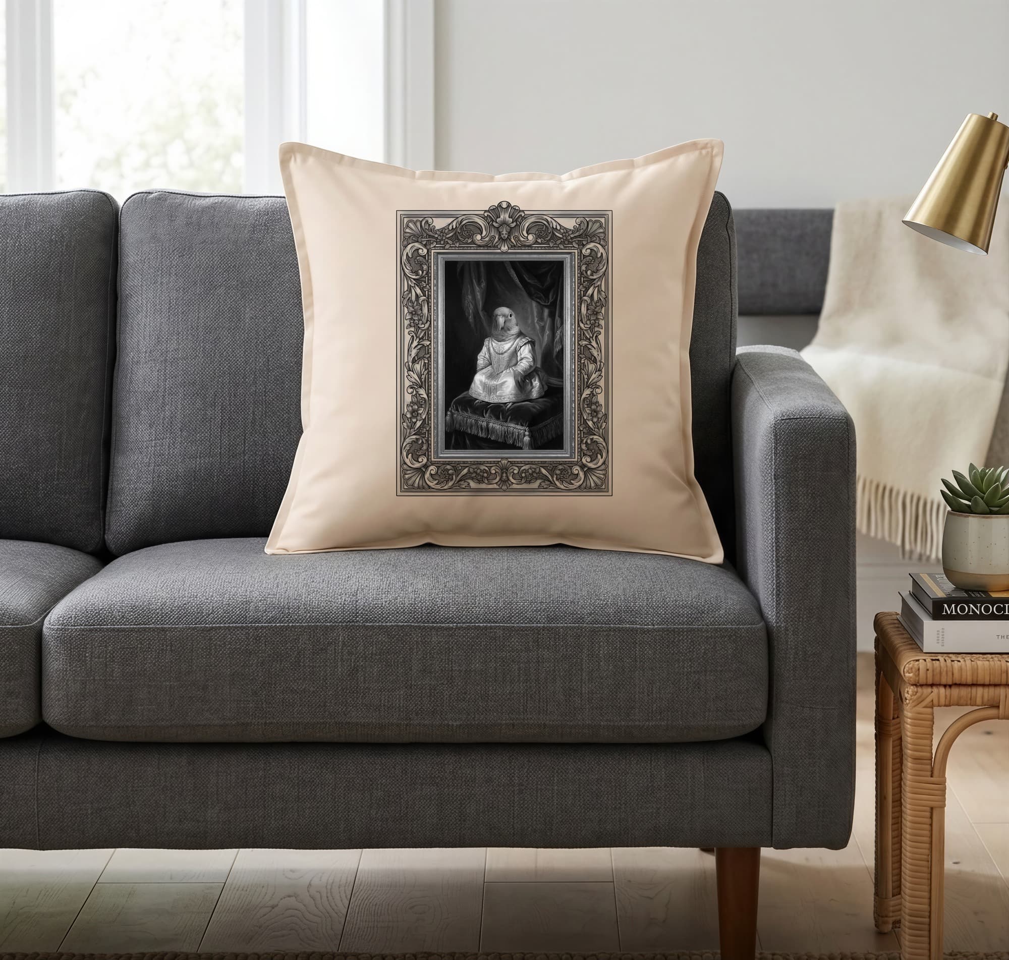 Quaker Parrot Renaissance Portrait Throw Cushion (Framed Design) 2