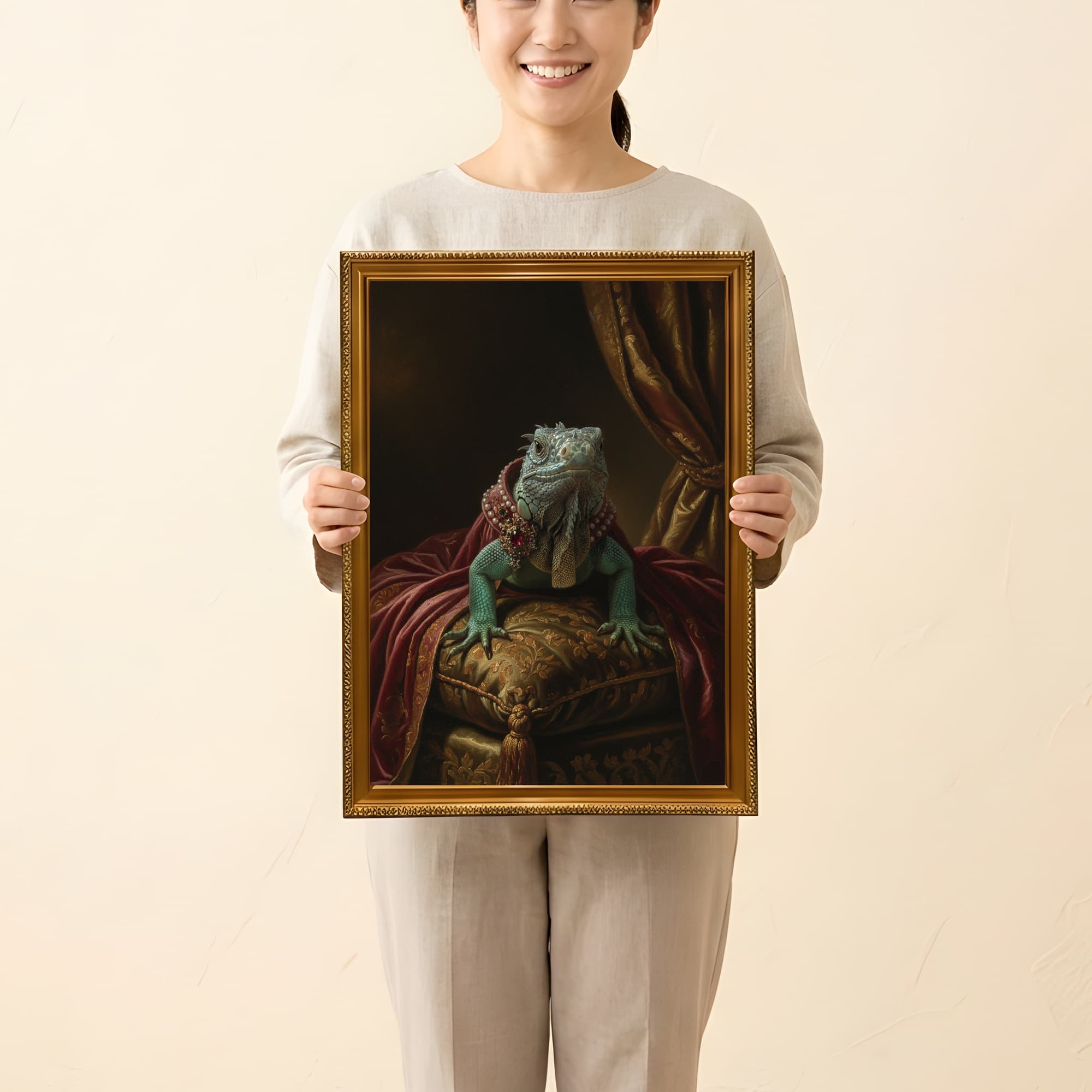 ブルーイグアナのルネサンス肖像画額装プリント(A3サイズ) 2