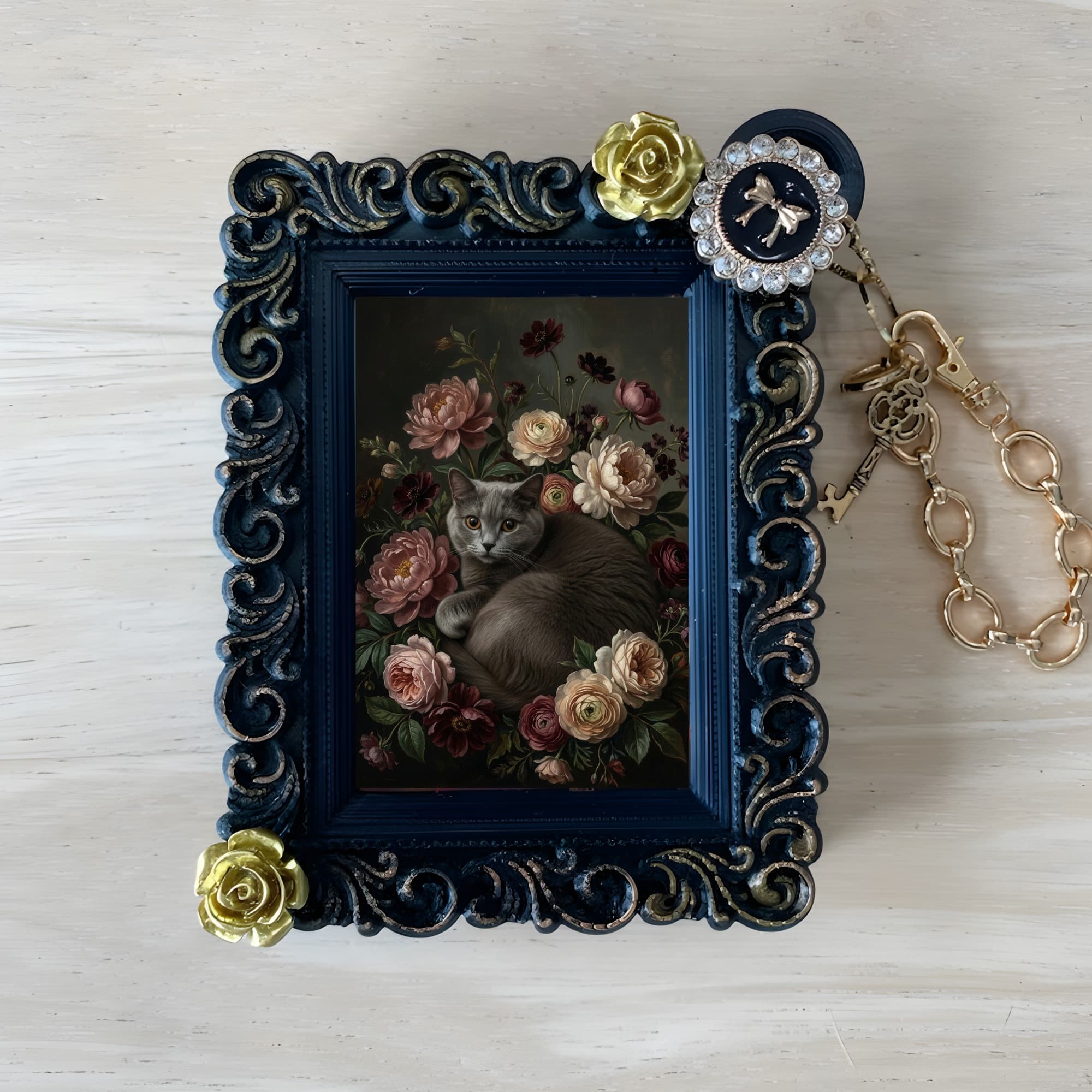 British Shorthair Floral Oil-Painting Floral Bag Charm (Black)