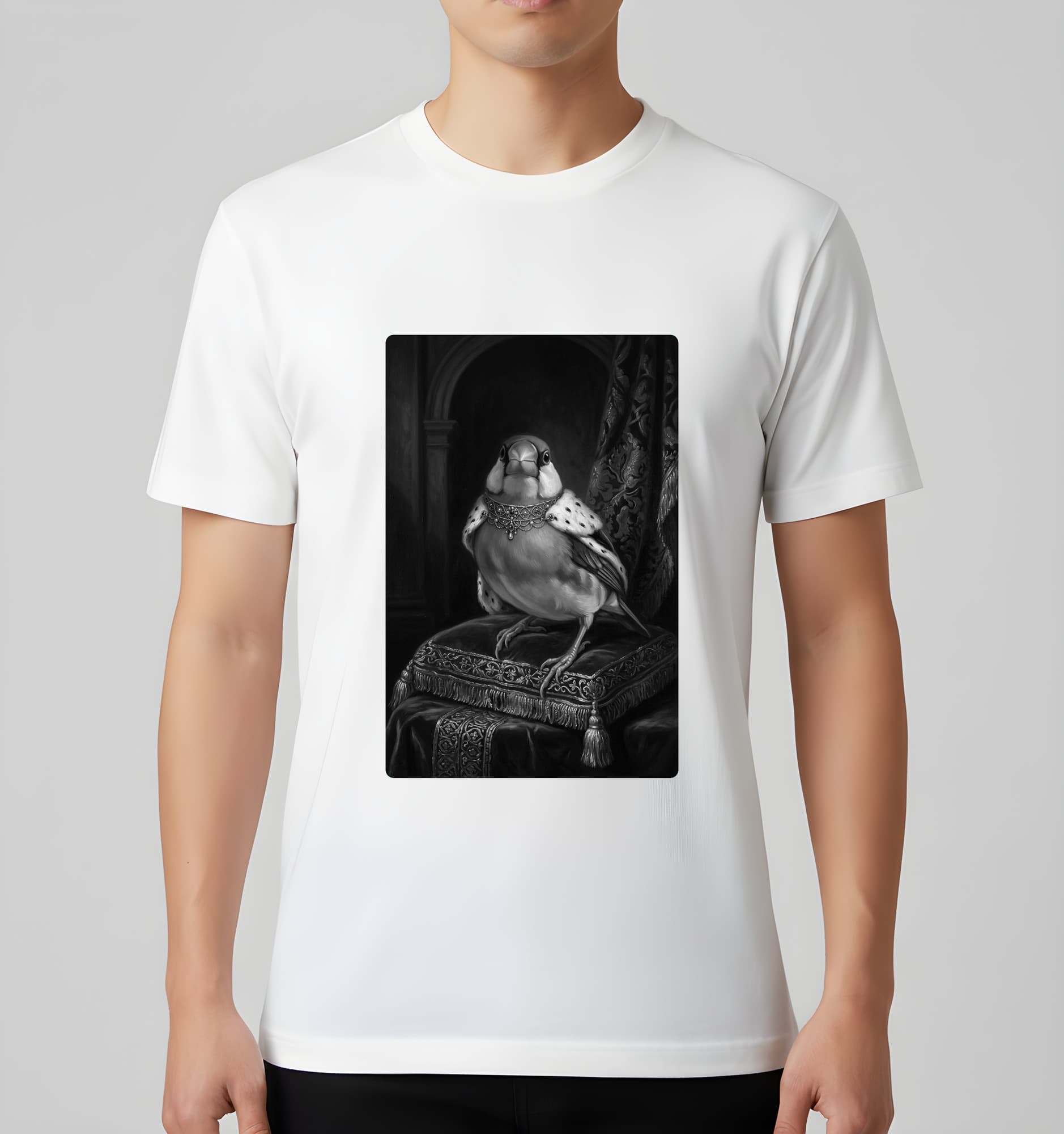 文鳥・ブンチョウのルネサンス肖像画Tシャツ(ホワイト・モノクロプリント・額縁なし) 3