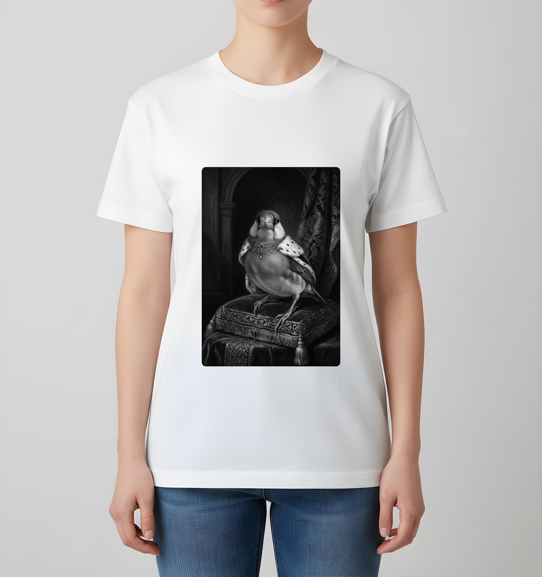 文鳥・ブンチョウのルネサンス肖像画Tシャツ(ホワイト・モノクロプリント・額縁なし) 4