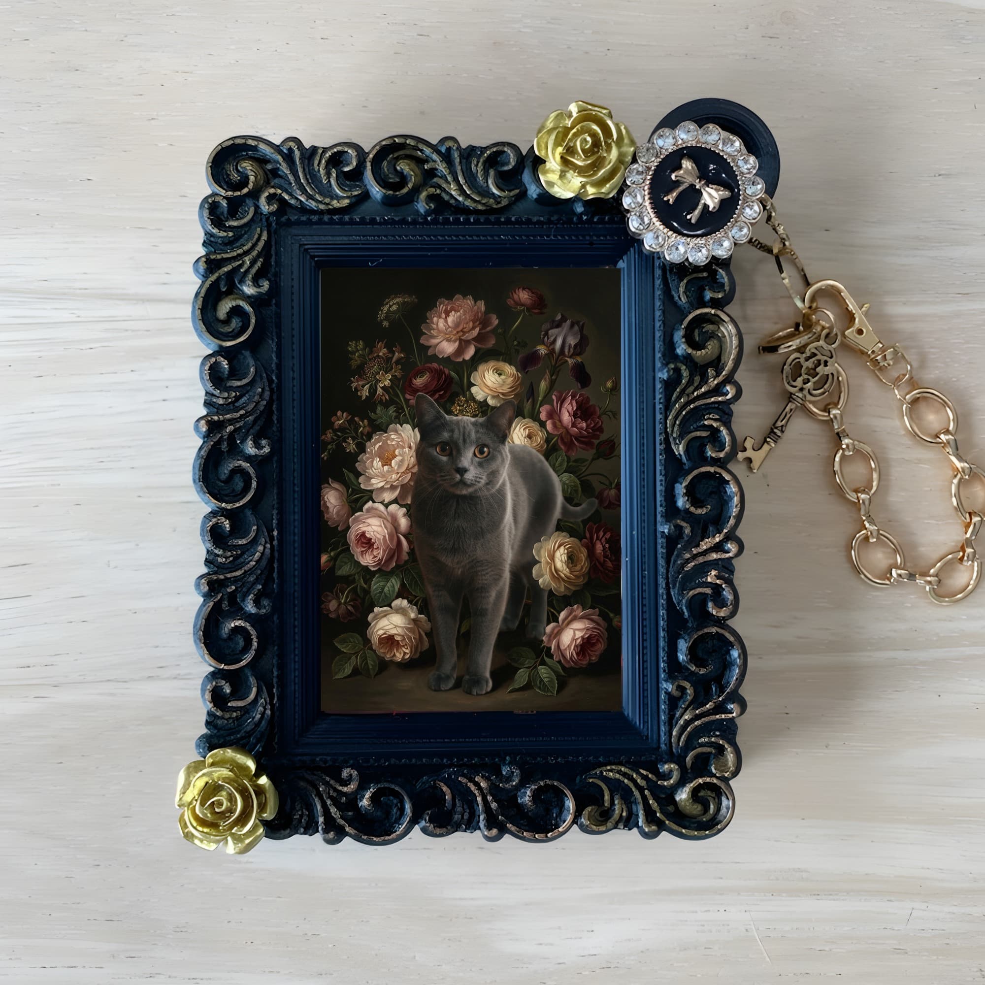 Chartreux Floral Oil-Painting Floral Bag Charm (Black)