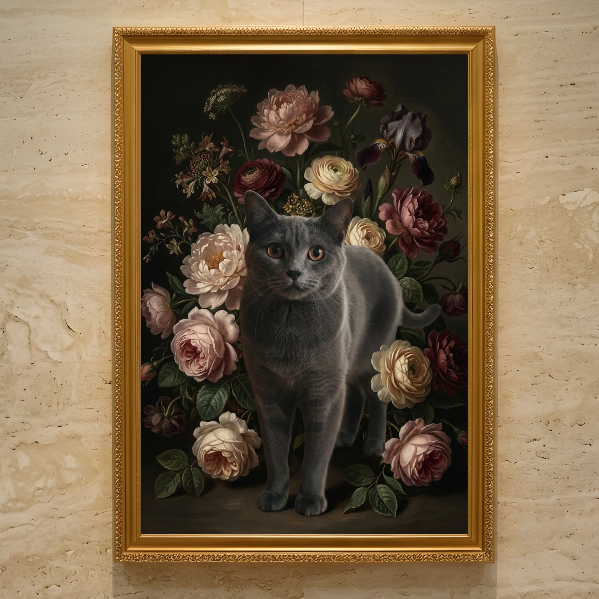 シャルトリューの花の油絵風アート花柄額装プリント(A3サイズ)