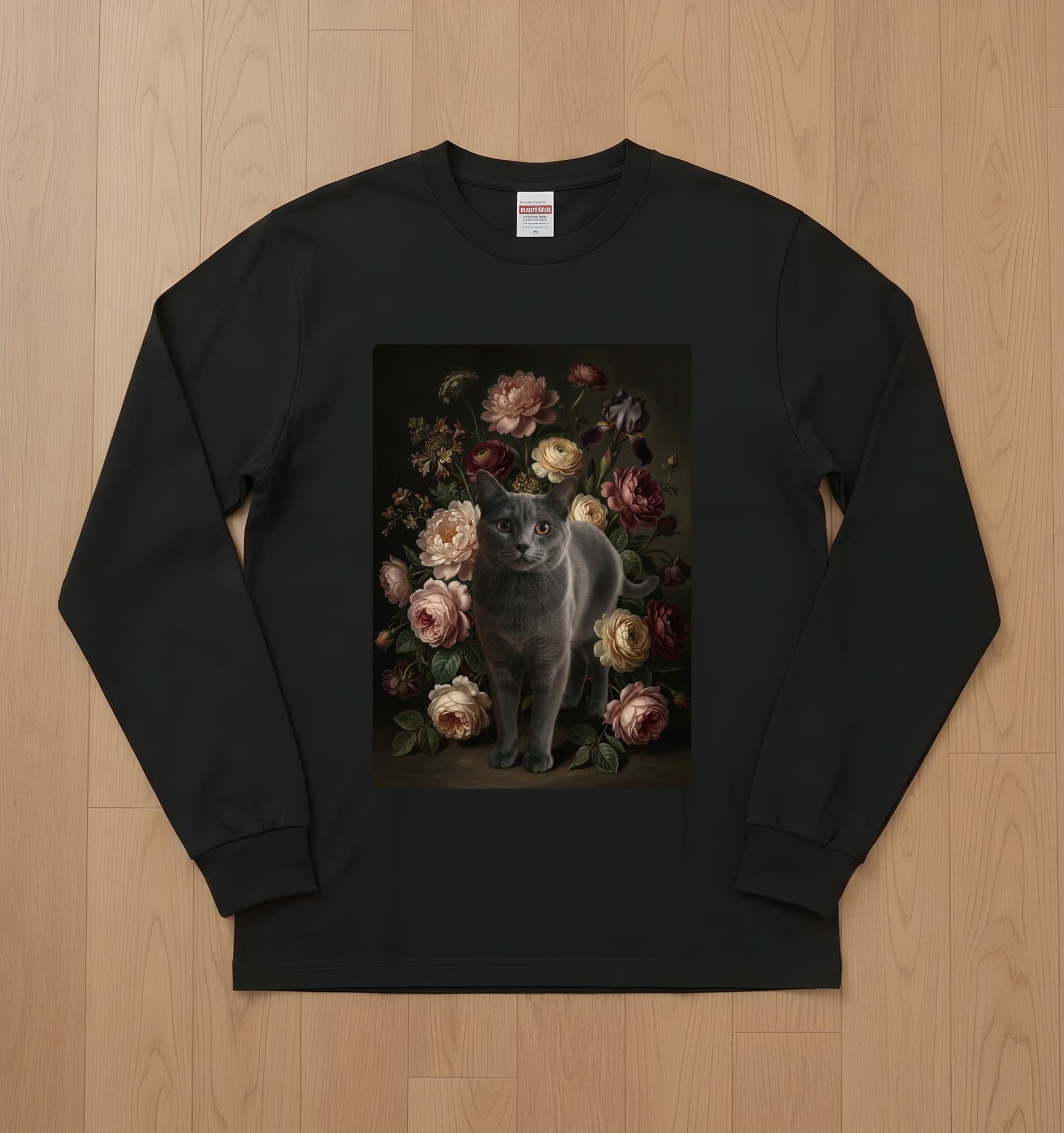 Chartreux Floral Oil-Painting Floral Long Sleeve T-Shirt (Black)