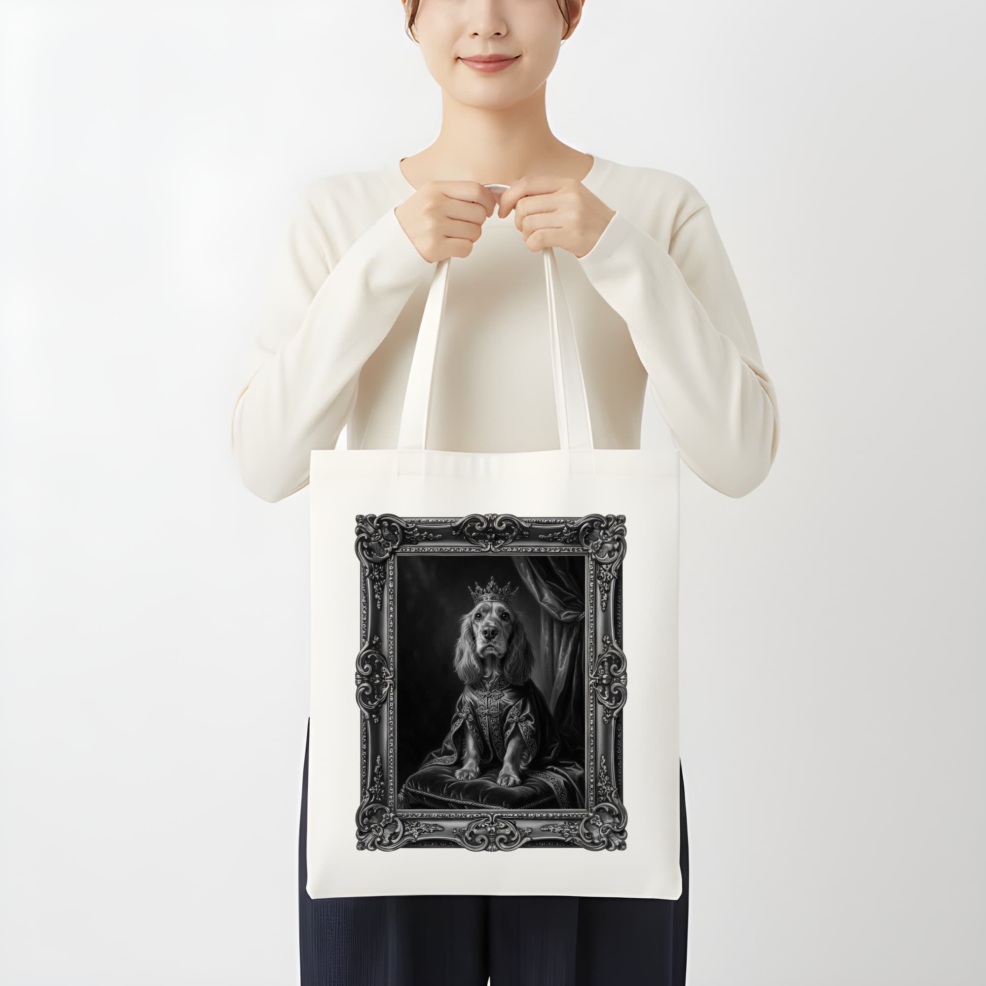 コッカースパニエルのルネサンス肖像画トートバッグ(モノクロプリント・額縁デザインあり) 3