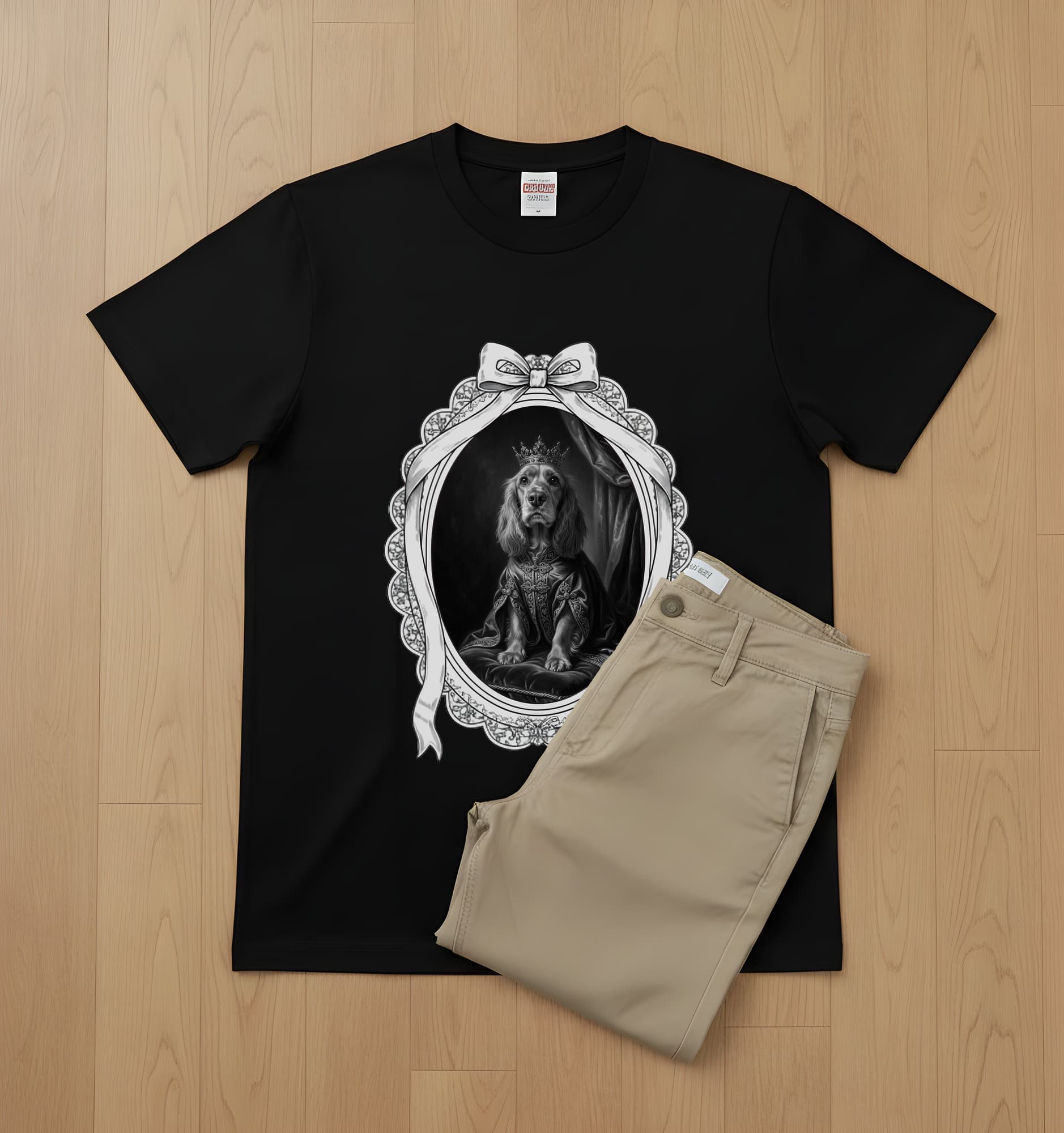 コッカースパニエルのルネサンス肖像画Tシャツ(ブラック・モノクロプリント・額縁デザインあり) 3