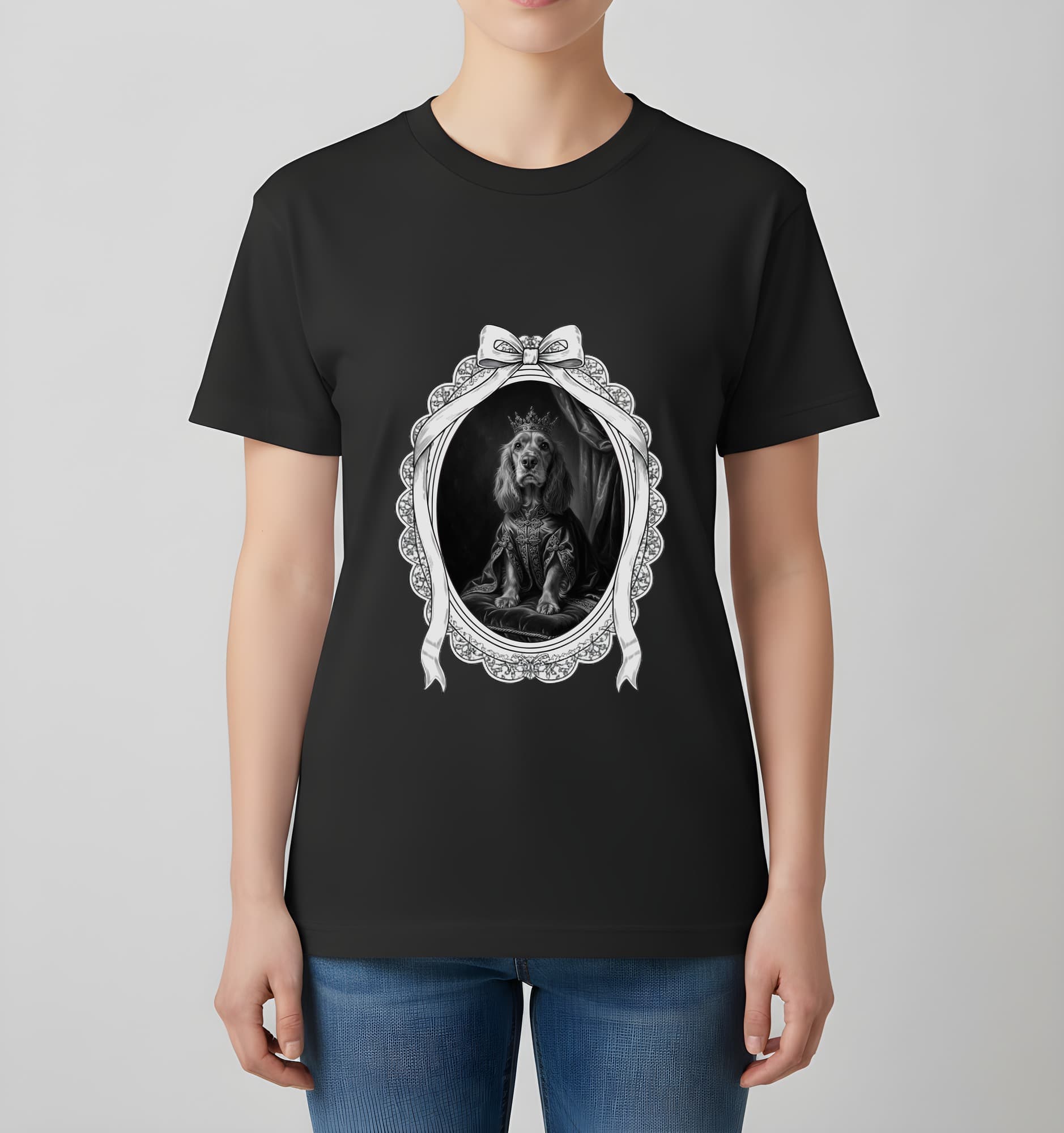 コッカースパニエルのルネサンス肖像画Tシャツ(ブラック・モノクロプリント・額縁デザインあり) 4