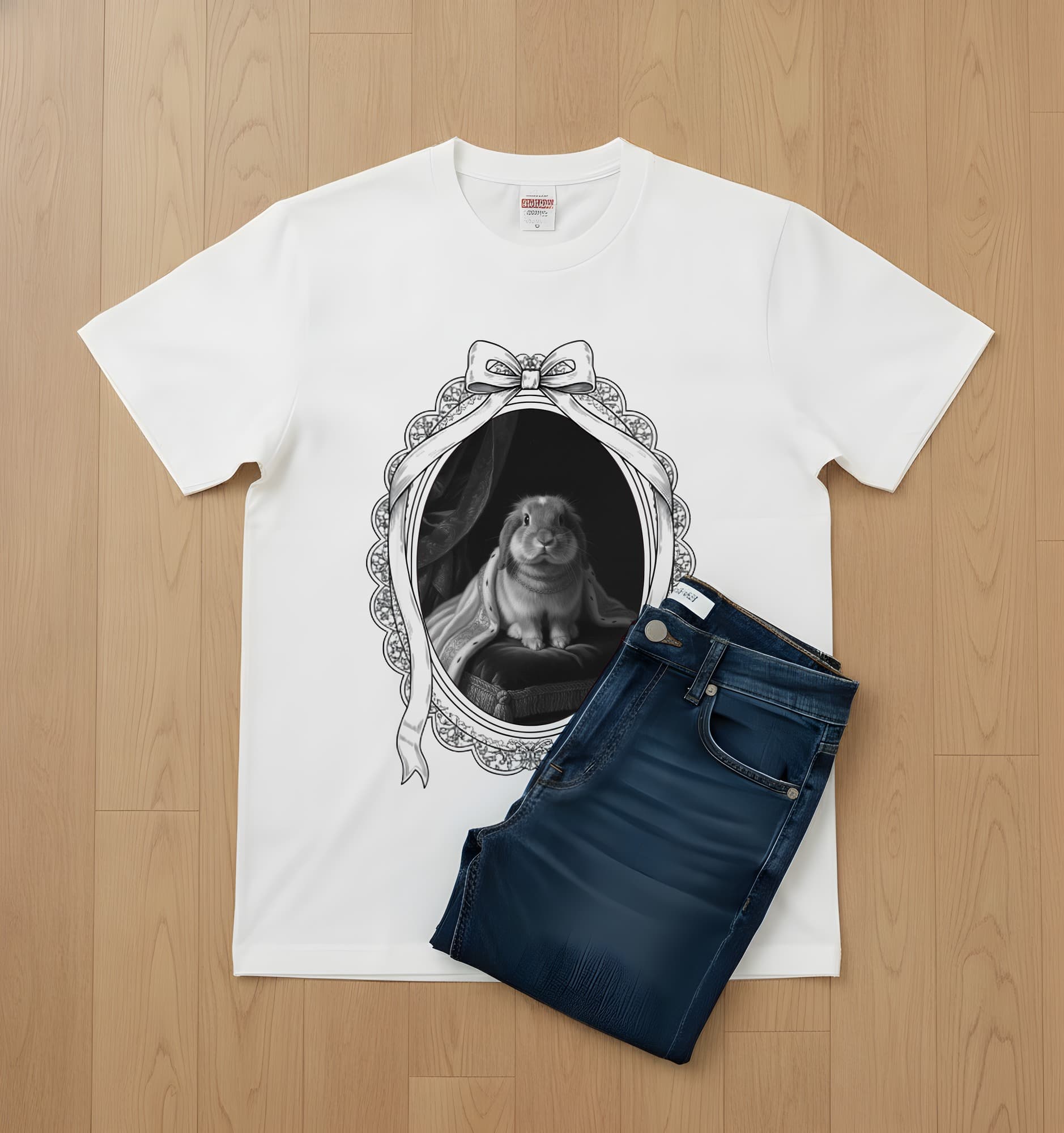 アメリカンファジーロップのルネサンス肖像画Tシャツ(ホワイト・モノクロプリント・額縁デザインあり) 2