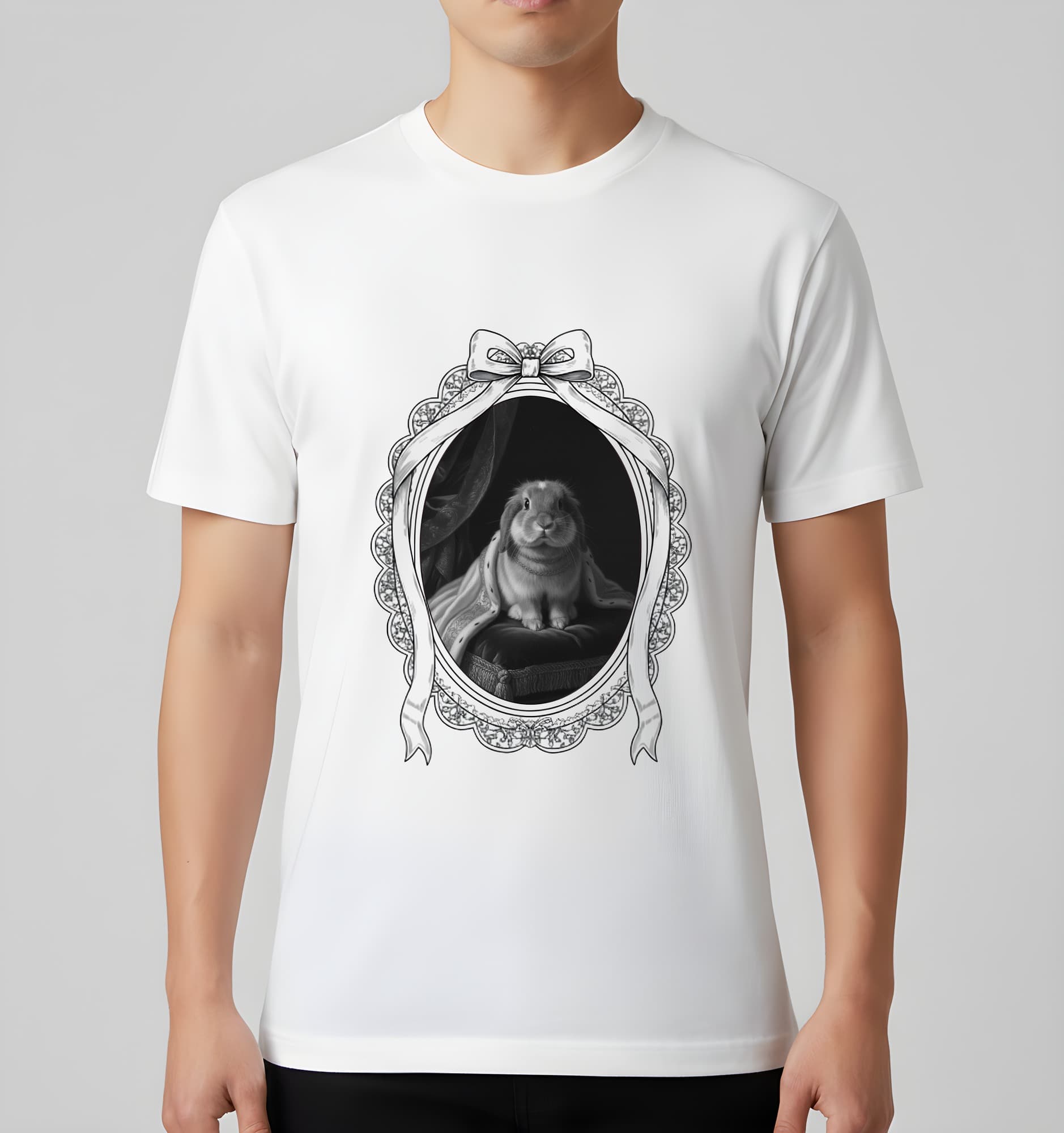 アメリカンファジーロップのルネサンス肖像画Tシャツ(ホワイト・モノクロプリント・額縁デザインあり) 3