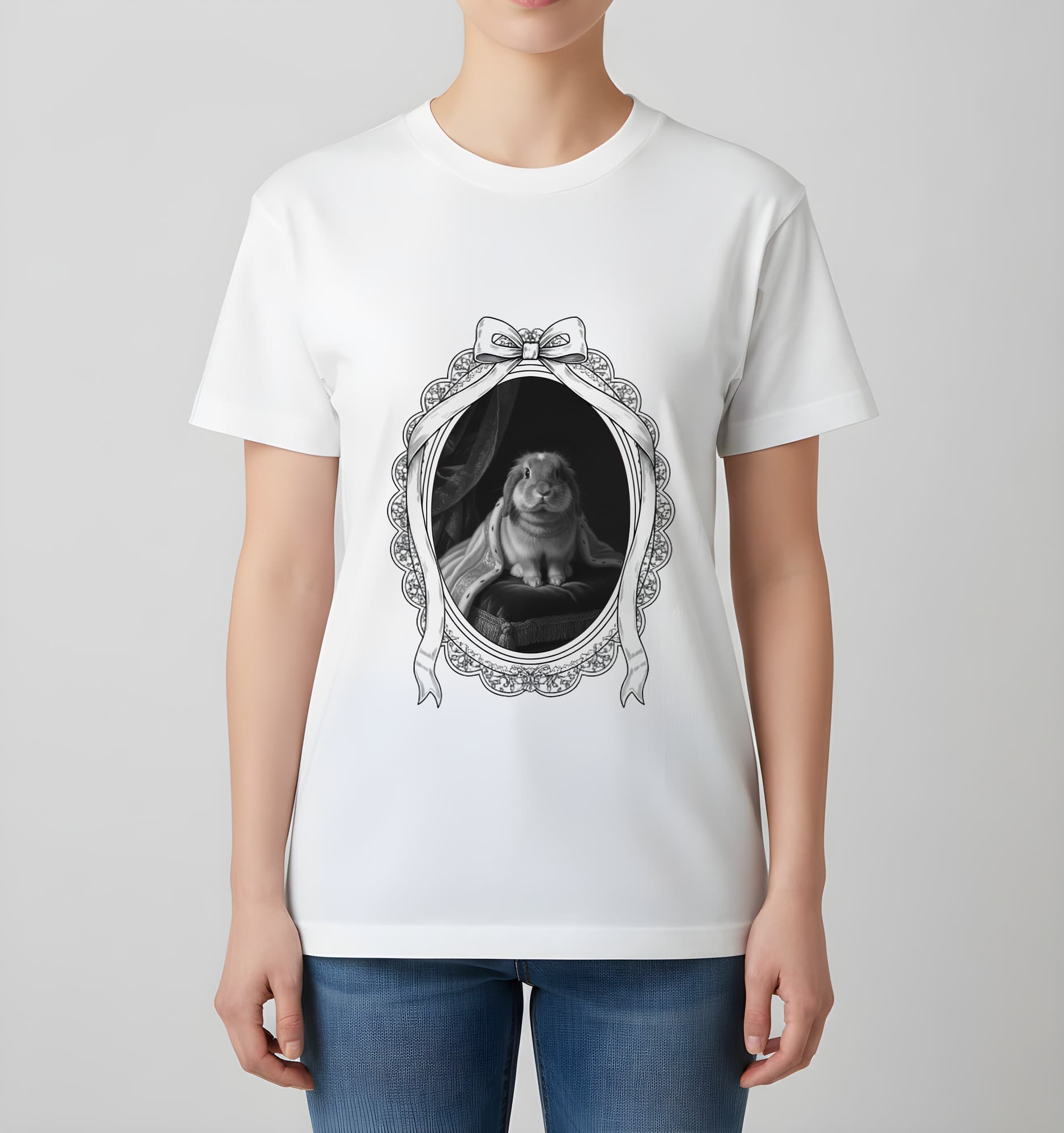 アメリカンファジーロップのルネサンス肖像画Tシャツ(ホワイト・モノクロプリント・額縁デザインあり) 4