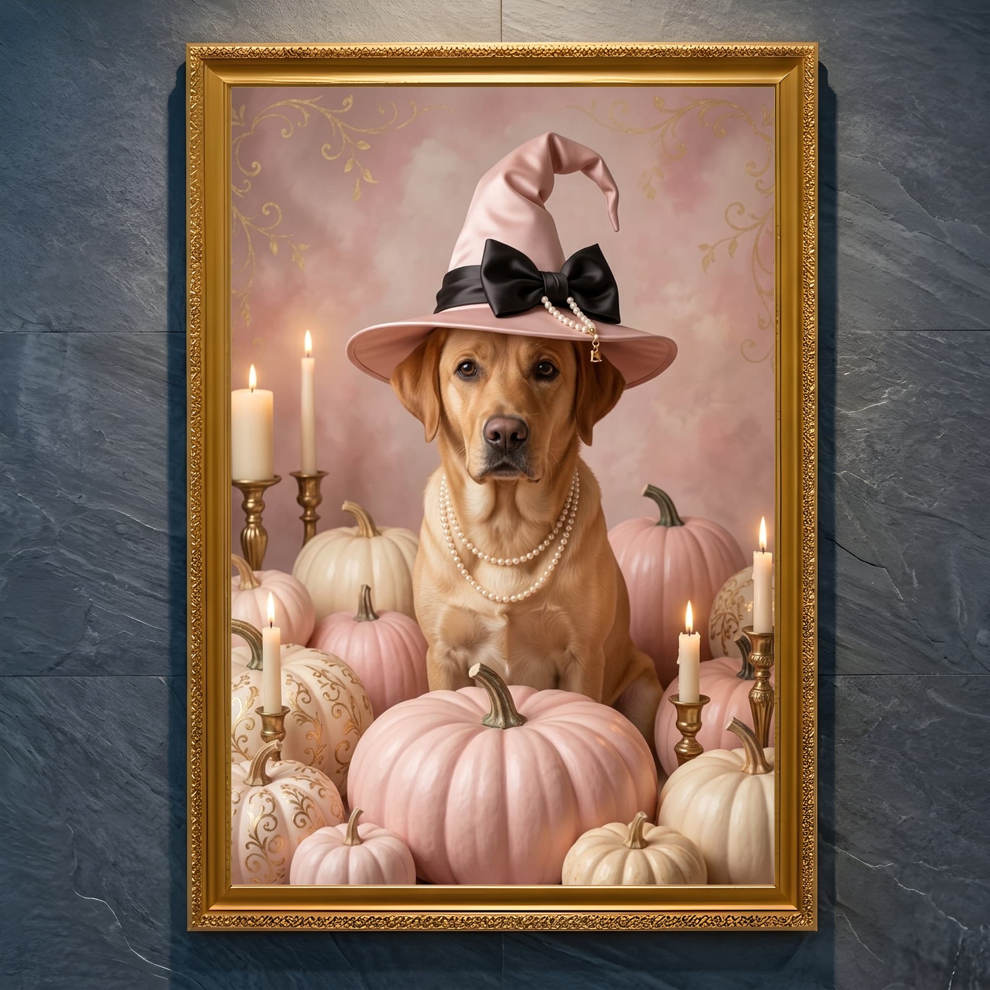 Labrador retriever Pumpkin & Candlelight Oil-Painting Halloween Framed Art Print (A4 Gold)