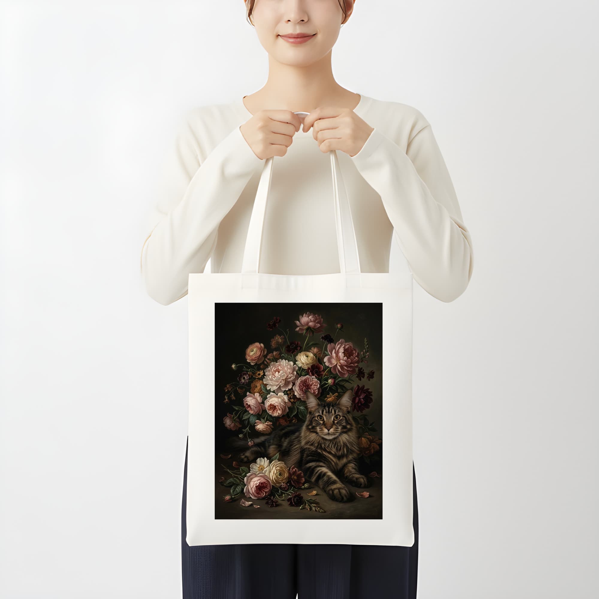 メインクーンの花の油絵風アート花柄トートバッグ 3