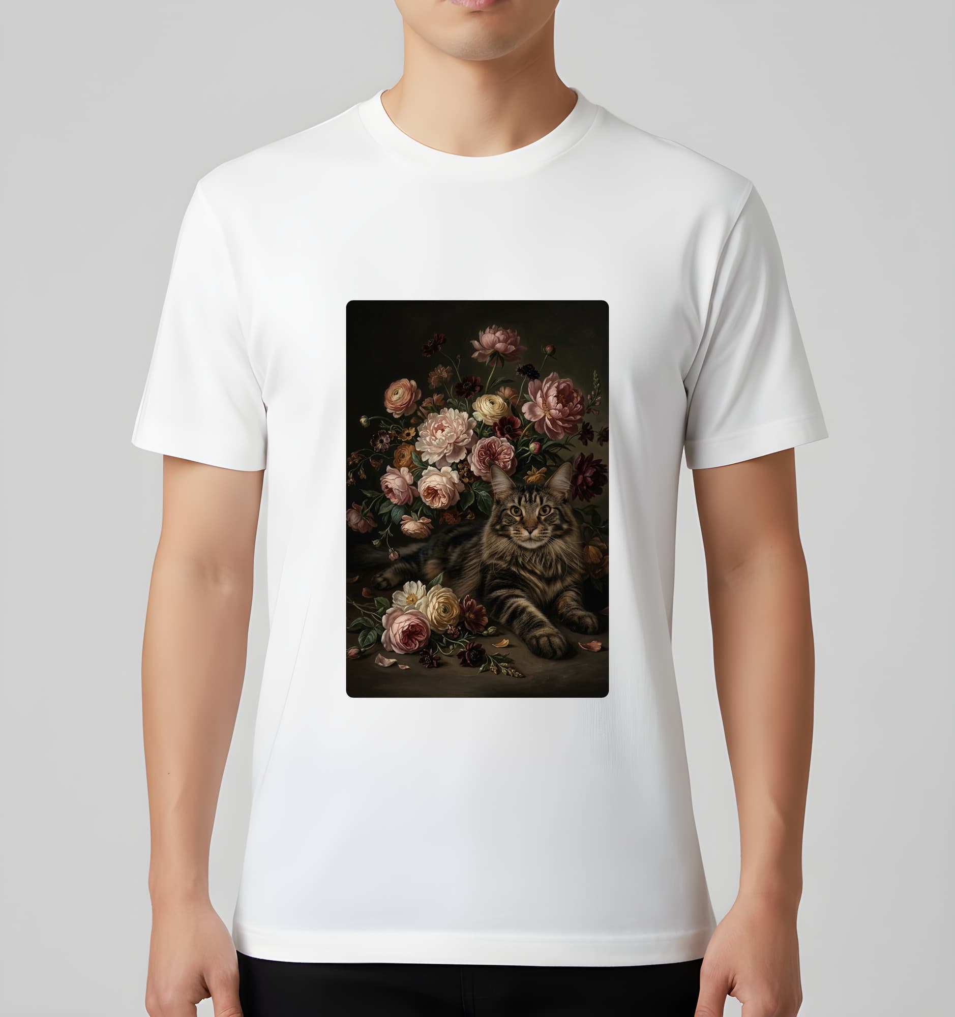 メインクーンの花の油絵風アート花柄Tシャツ(ホワイト) 3