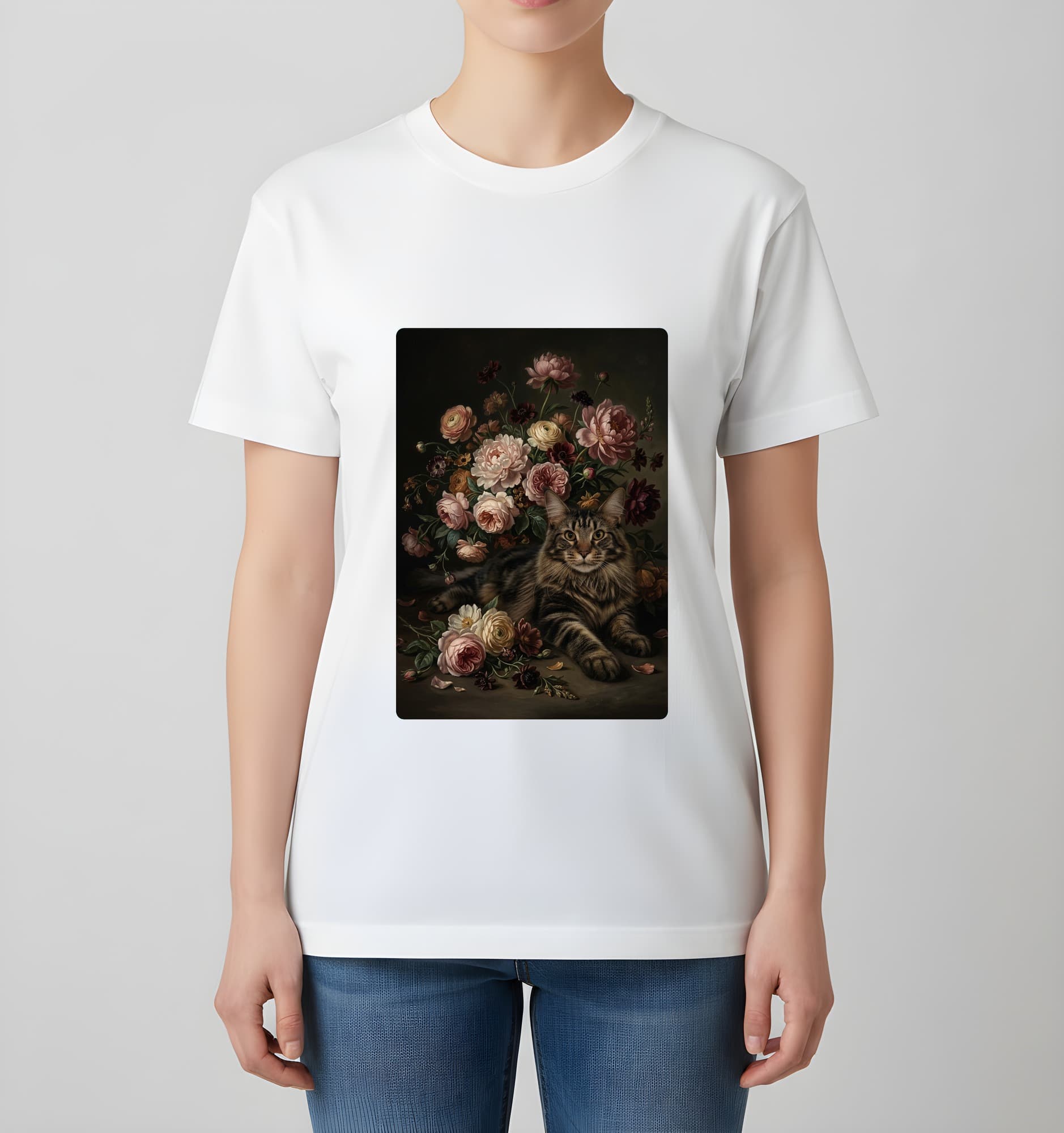 メインクーンの花の油絵風アート花柄Tシャツ(ホワイト) 4
