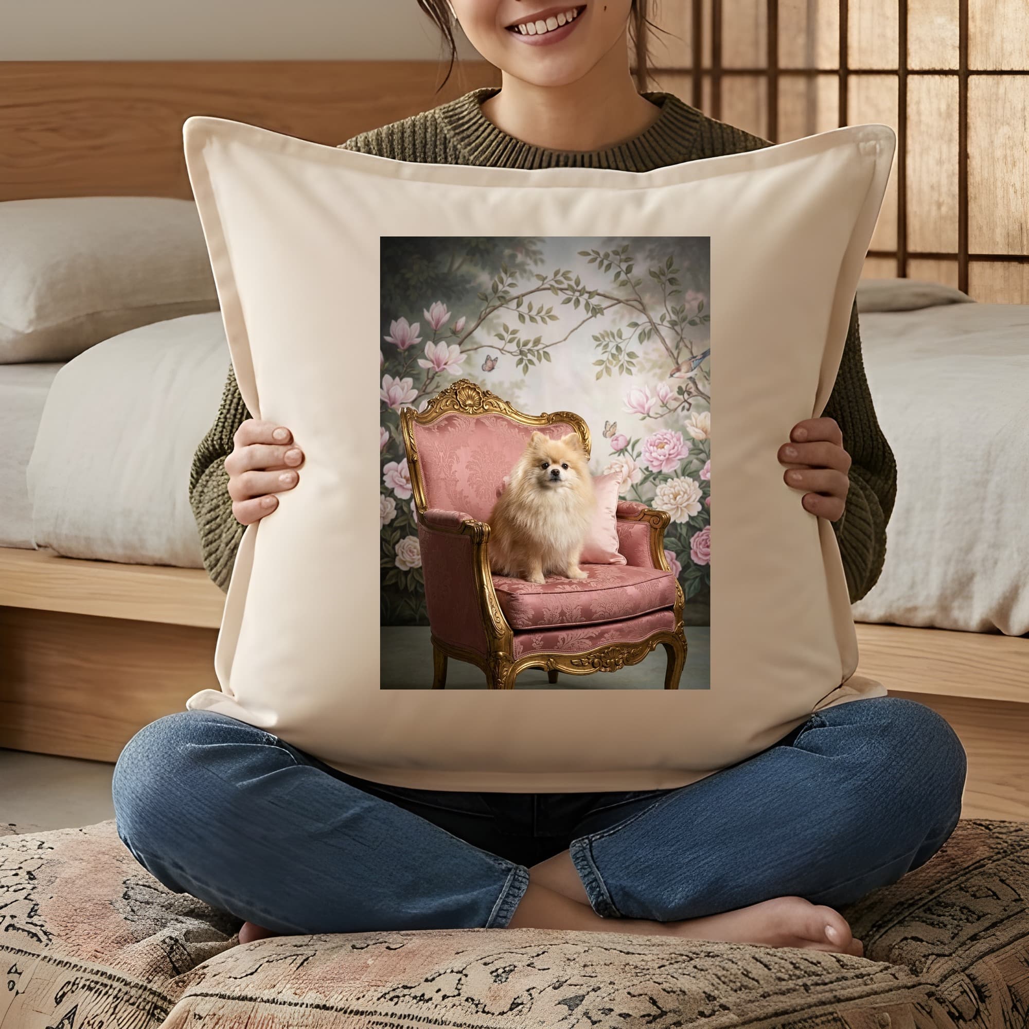 ポメラニアンのシャビーピンクの油絵風アートロココ調クッション 3