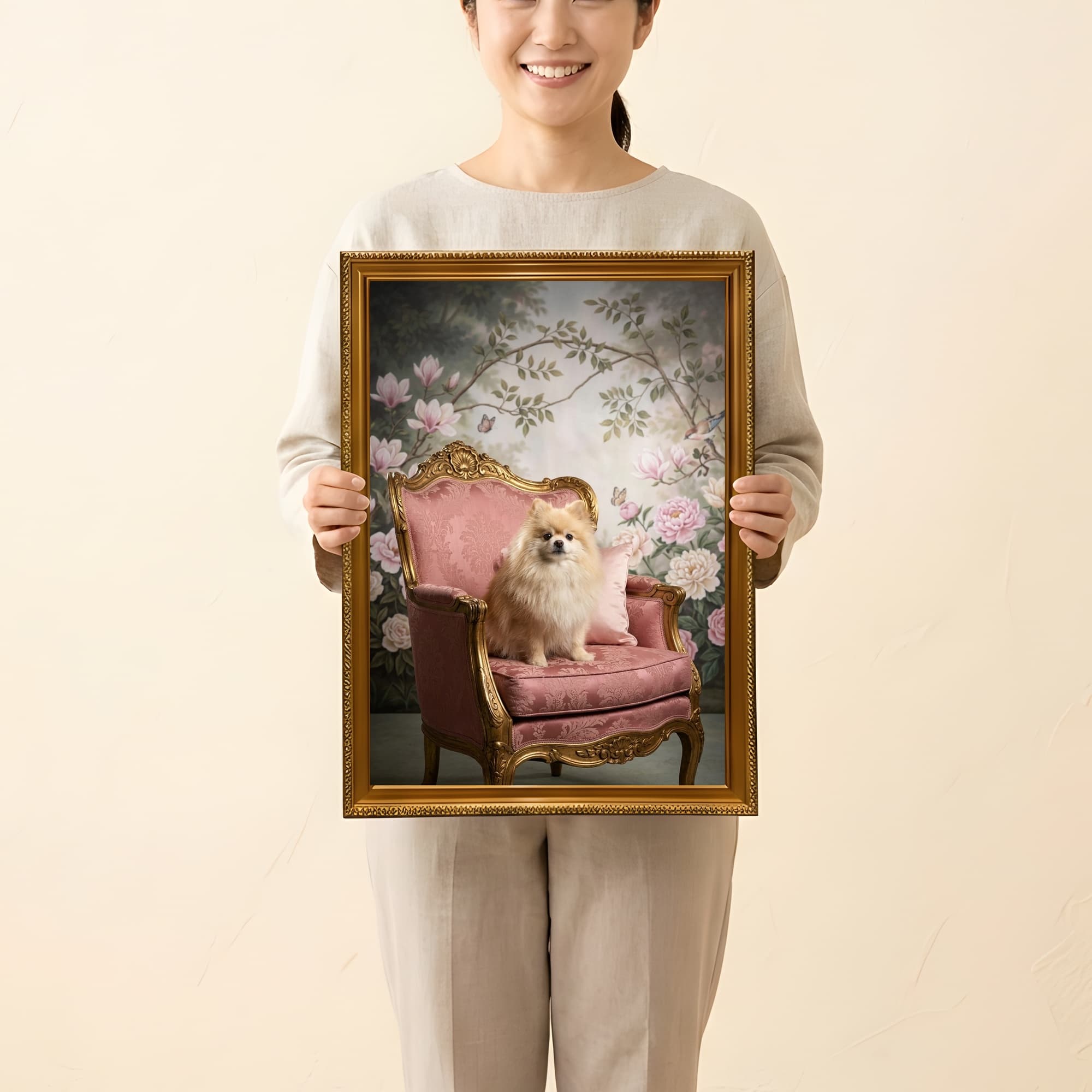 ポメラニアンのシャビーピンクの油絵風アートロココ調額装プリント(A3サイズ) 2