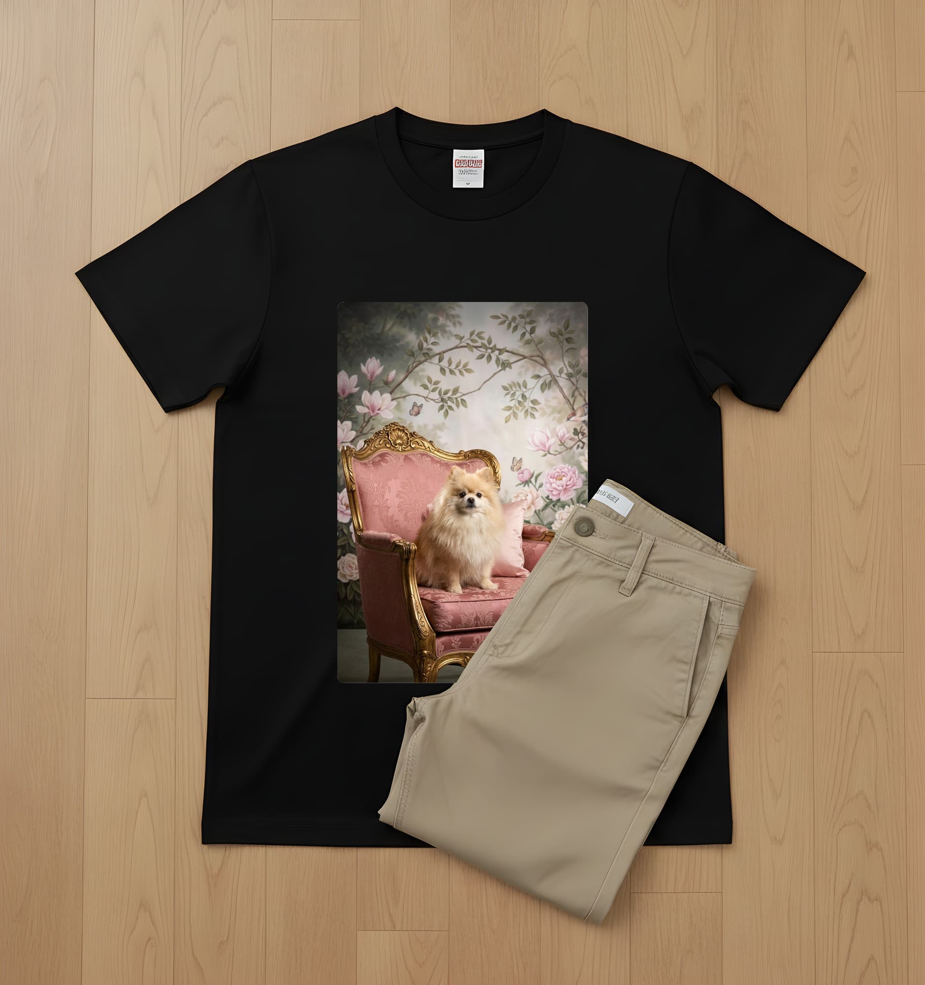 ポメラニアンのシャビーピンクの油絵風アートロココ調Tシャツ(ブラック) 2