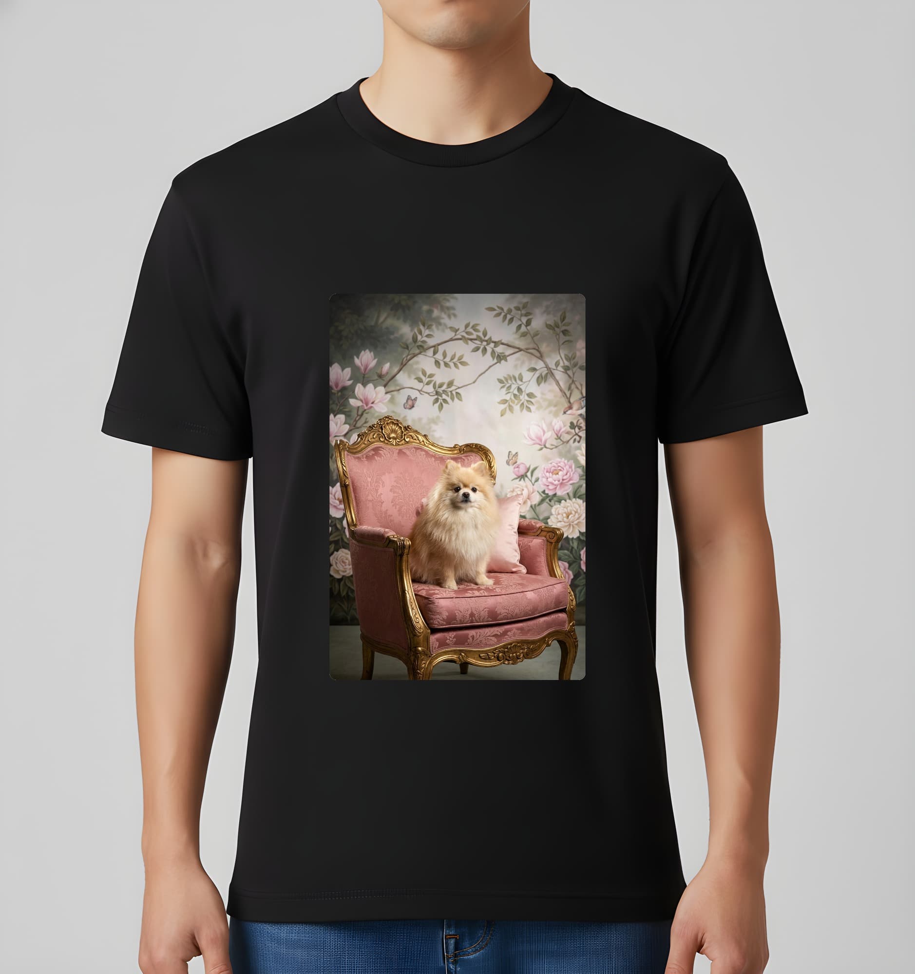 ポメラニアンのシャビーピンクの油絵風アートロココ調Tシャツ(ブラック) 3
