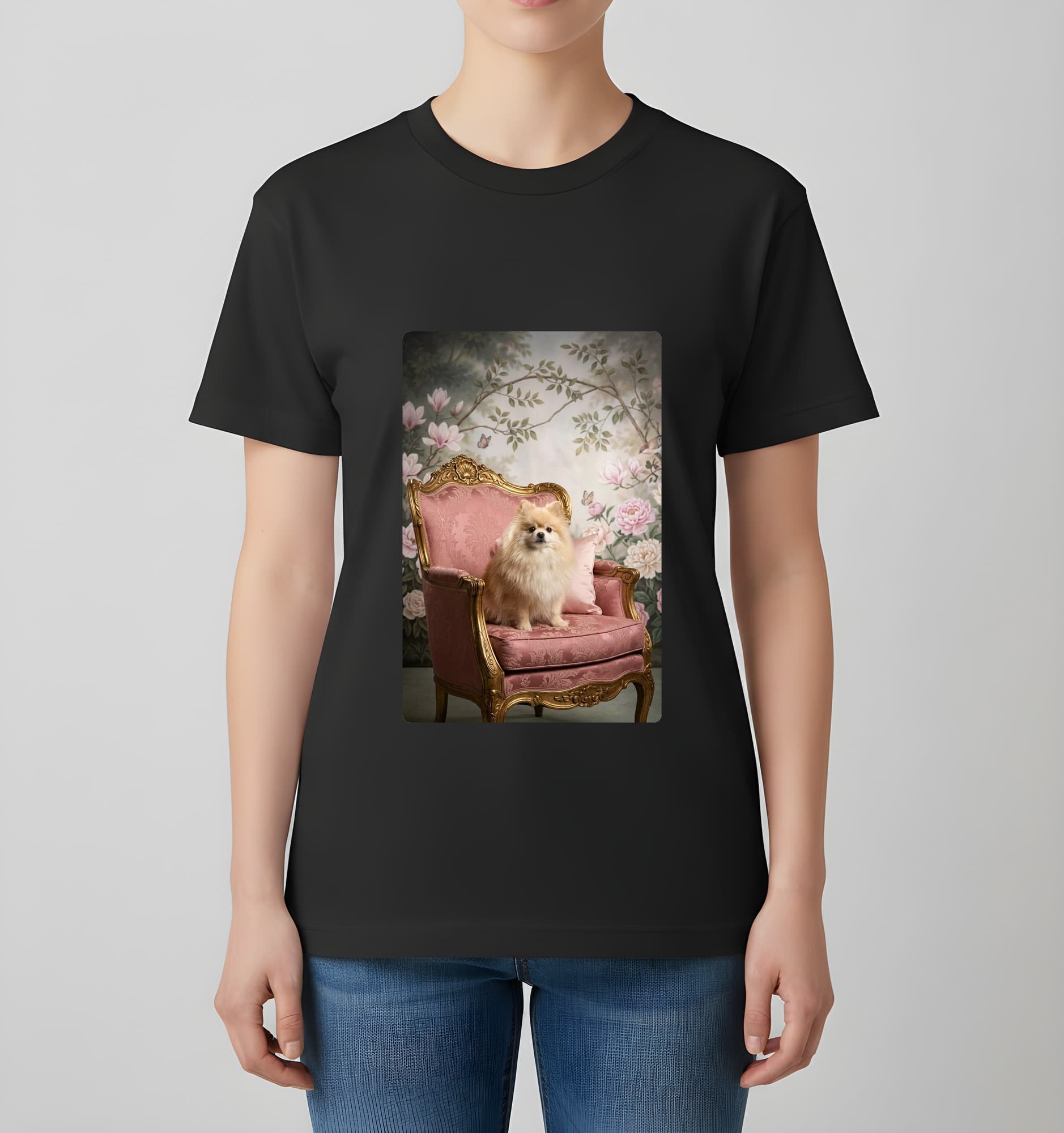 ポメラニアンのシャビーピンクの油絵風アートロココ調Tシャツ(ブラック) 4