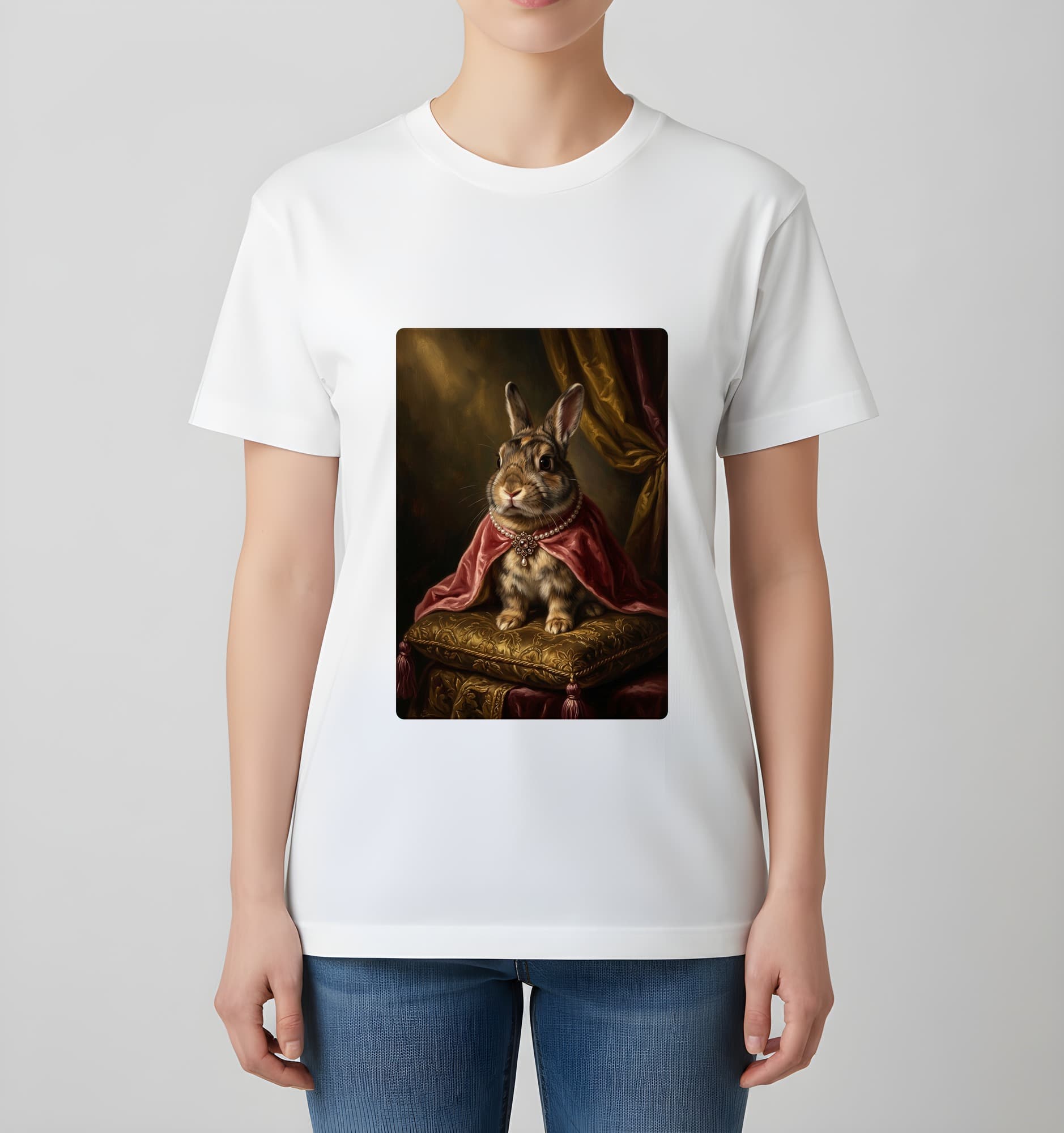 うさぎのルネサンス肖像画Tシャツ(ホワイト・カラープリント・額縁なし) 4