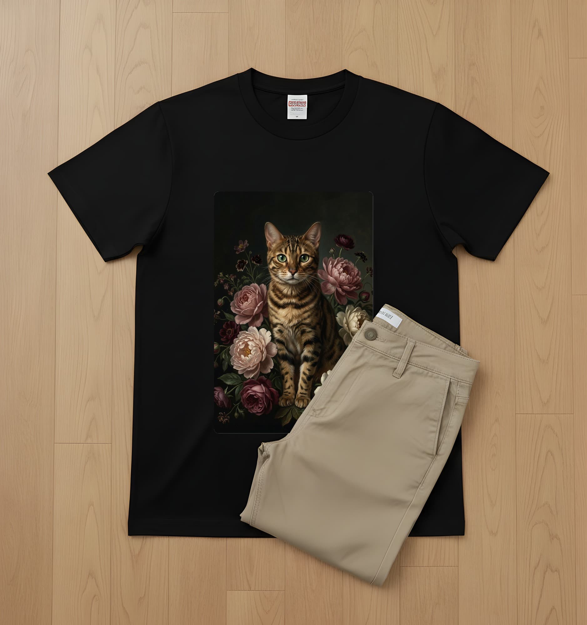 ベンガルの花の油絵風アート花柄Tシャツ(ブラック) 2