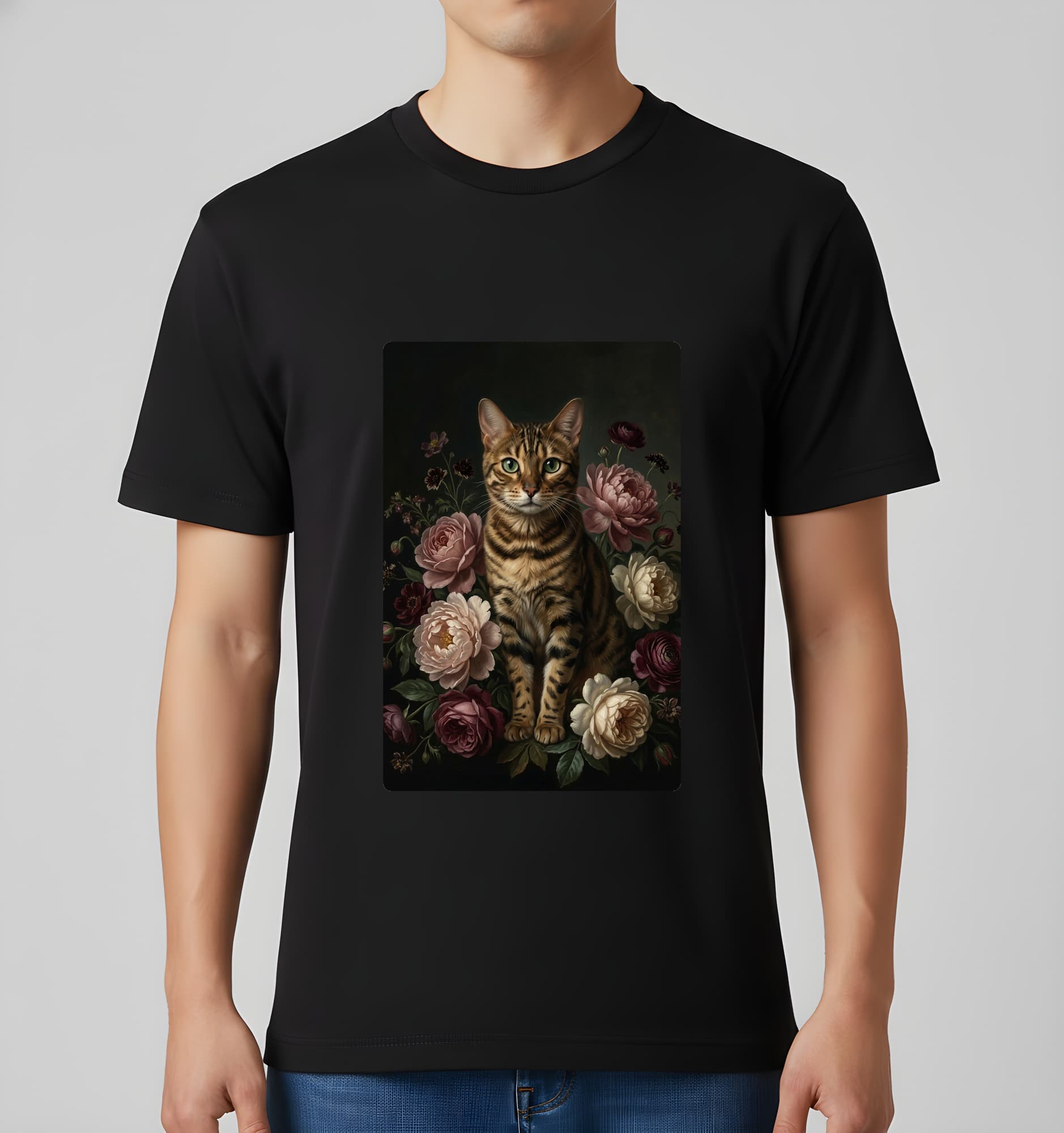 ベンガルの花の油絵風アート花柄Tシャツ(ブラック) 3