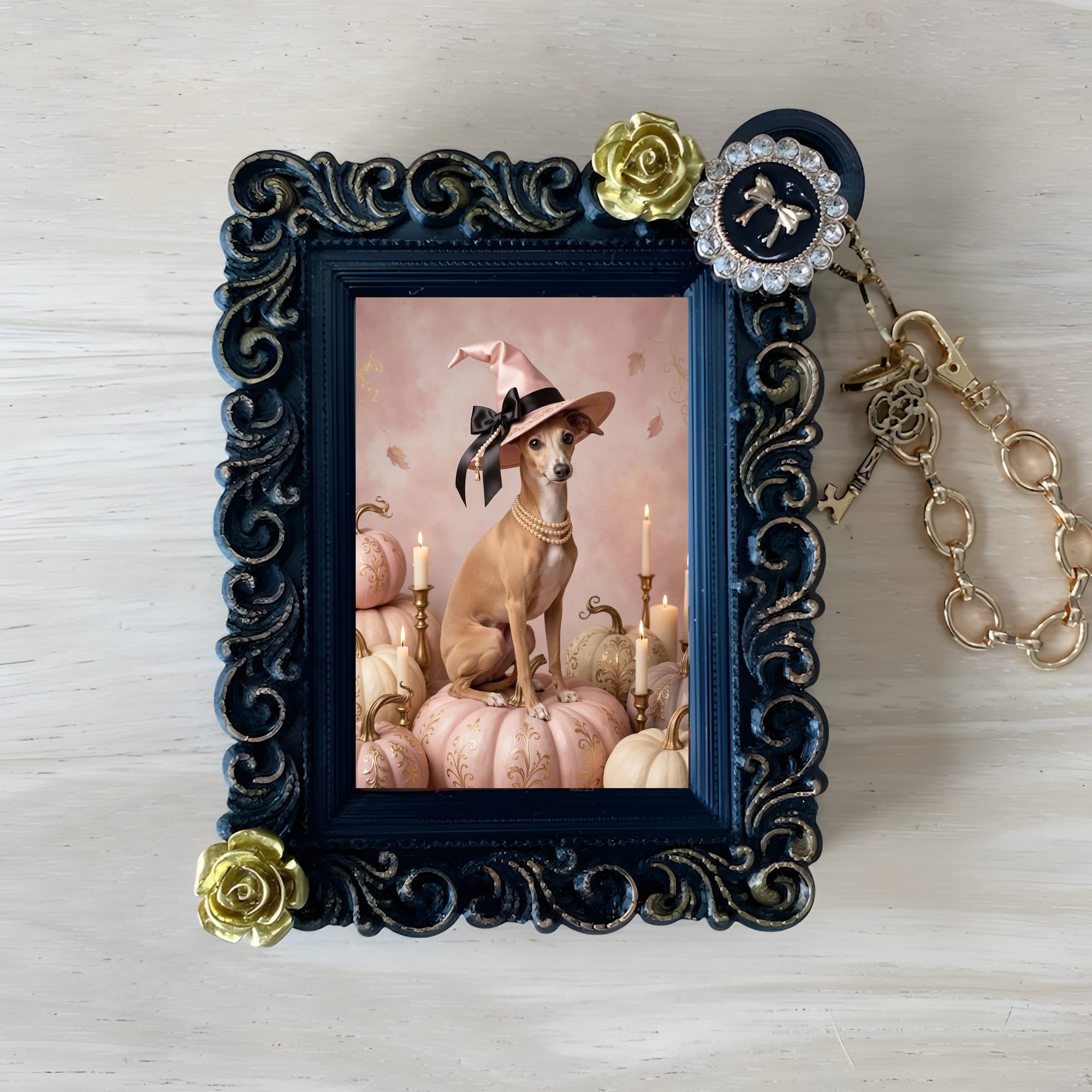 Italian greyhound Pumpkin & Candlelight Oil-Painting Halloween Bag Charm (Black)