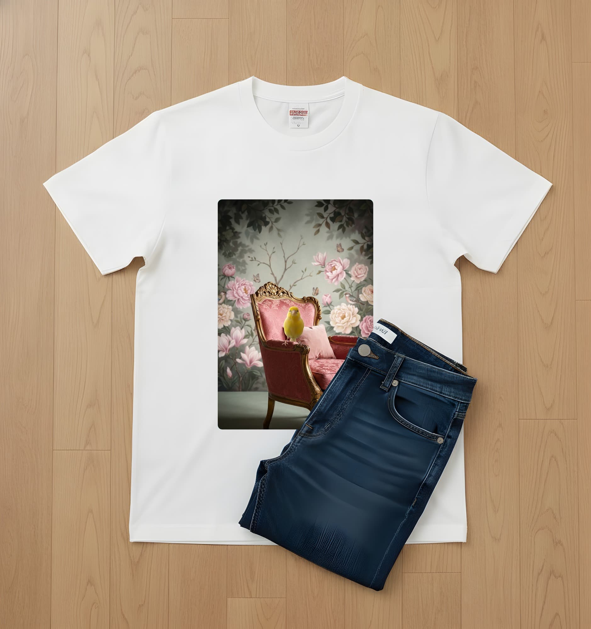カナリアのシャビーピンクの油絵風アートロココ調Tシャツ(ホワイト) 2