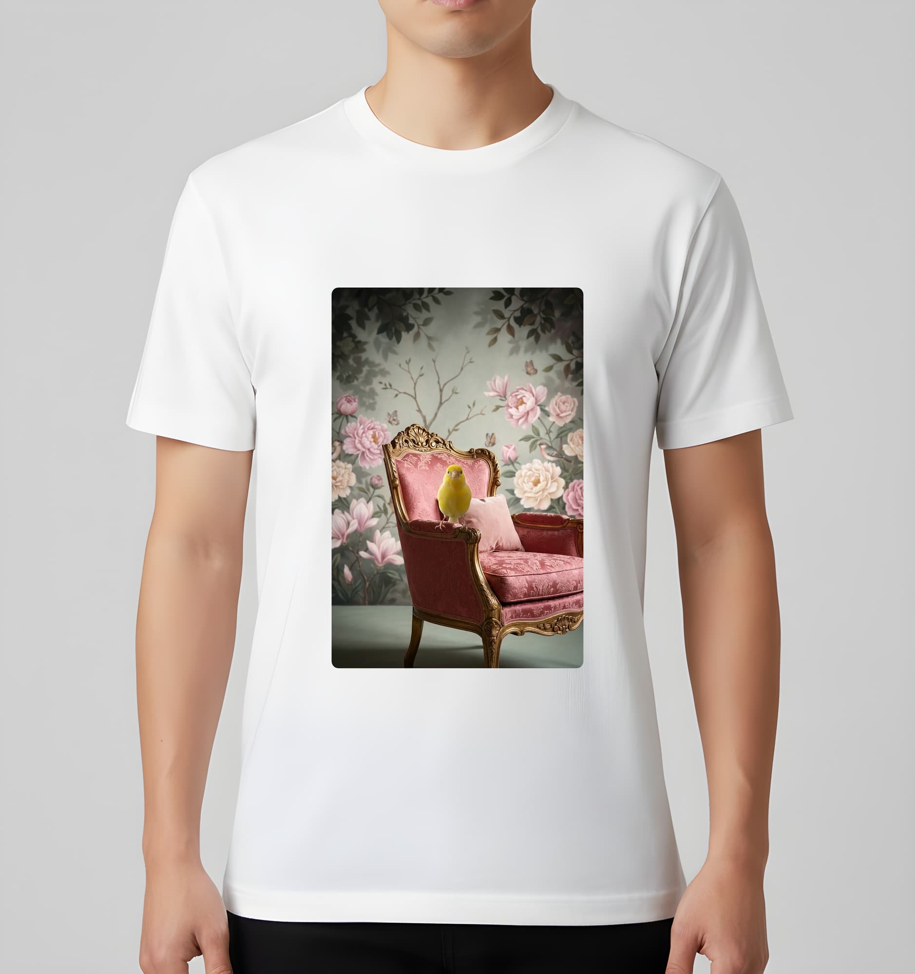 カナリアのシャビーピンクの油絵風アートロココ調Tシャツ(ホワイト) 3