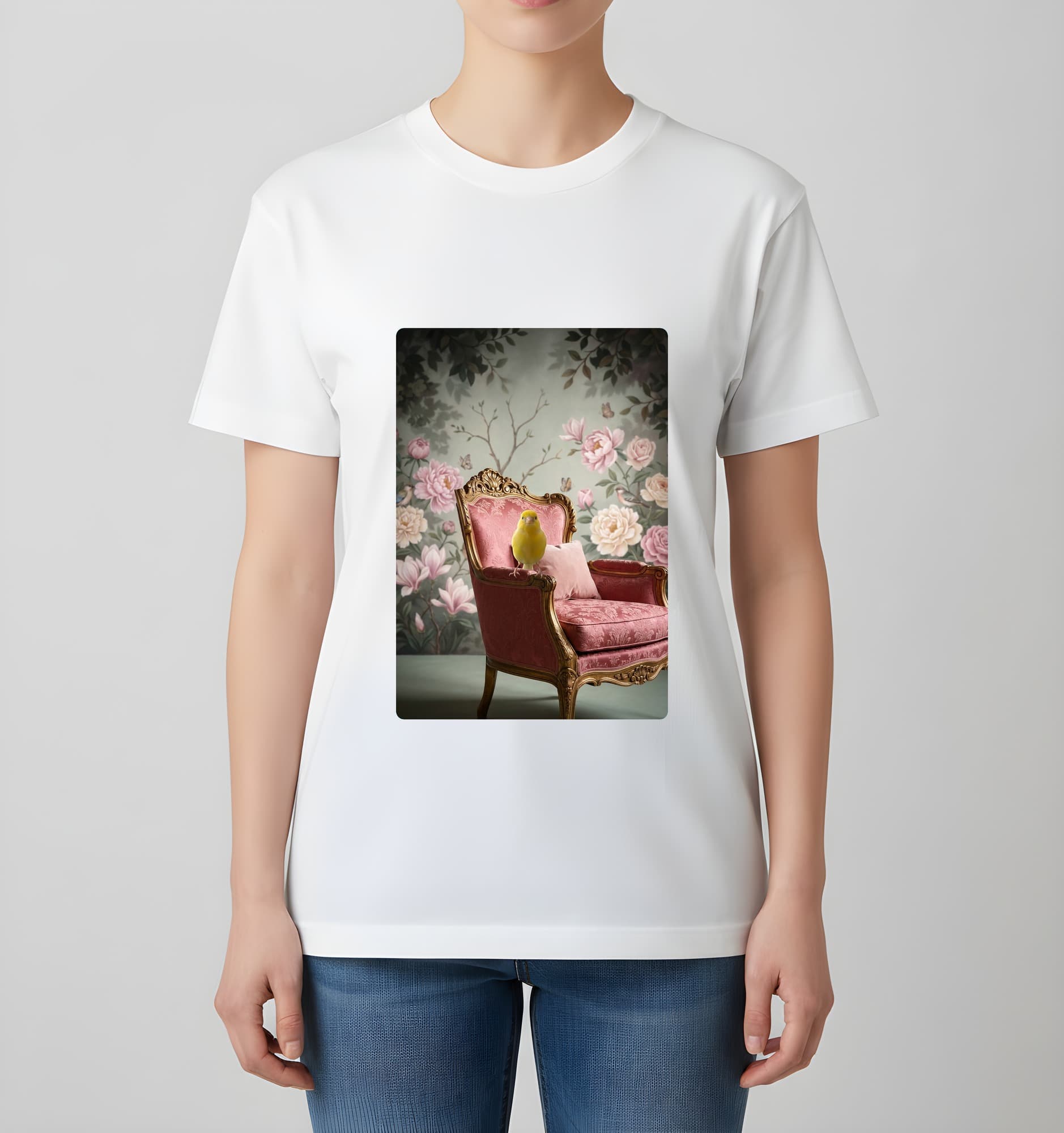 カナリアのシャビーピンクの油絵風アートロココ調Tシャツ(ホワイト) 4