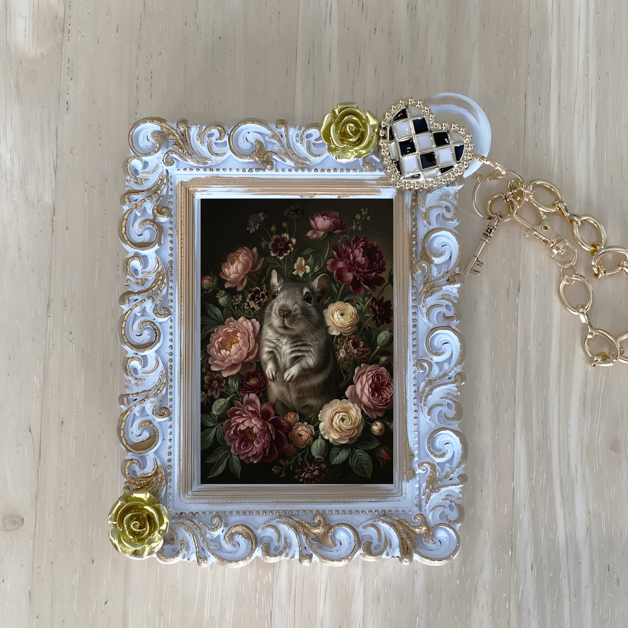 Degu Floral Oil-Painting Floral Bag Charm (White)