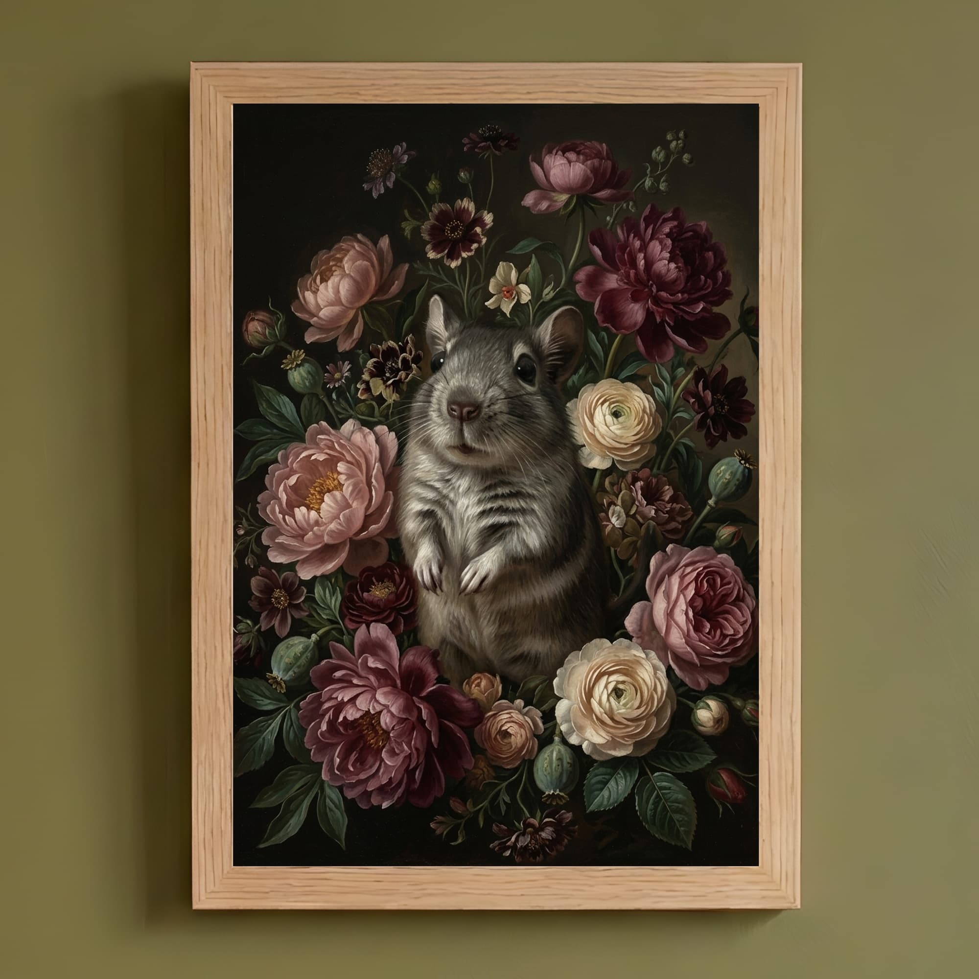 デグーの花の油絵風アート花柄額装プリント(A4サイズ)