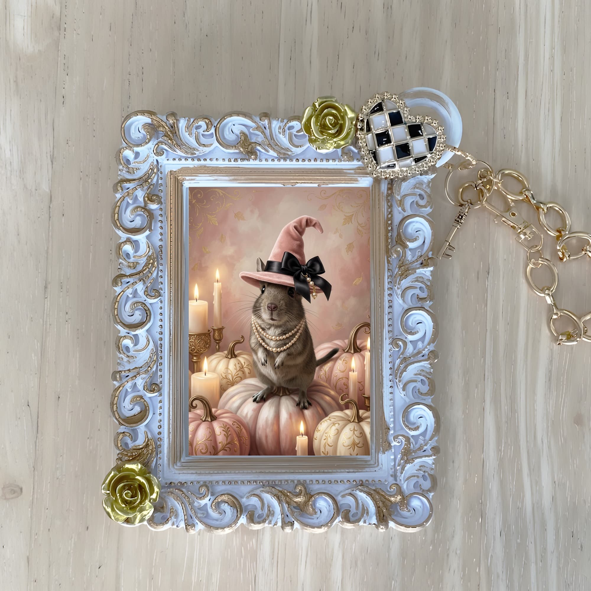 Degu Pumpkin & Candlelight Oil-Painting Halloween Bag Charm (White)