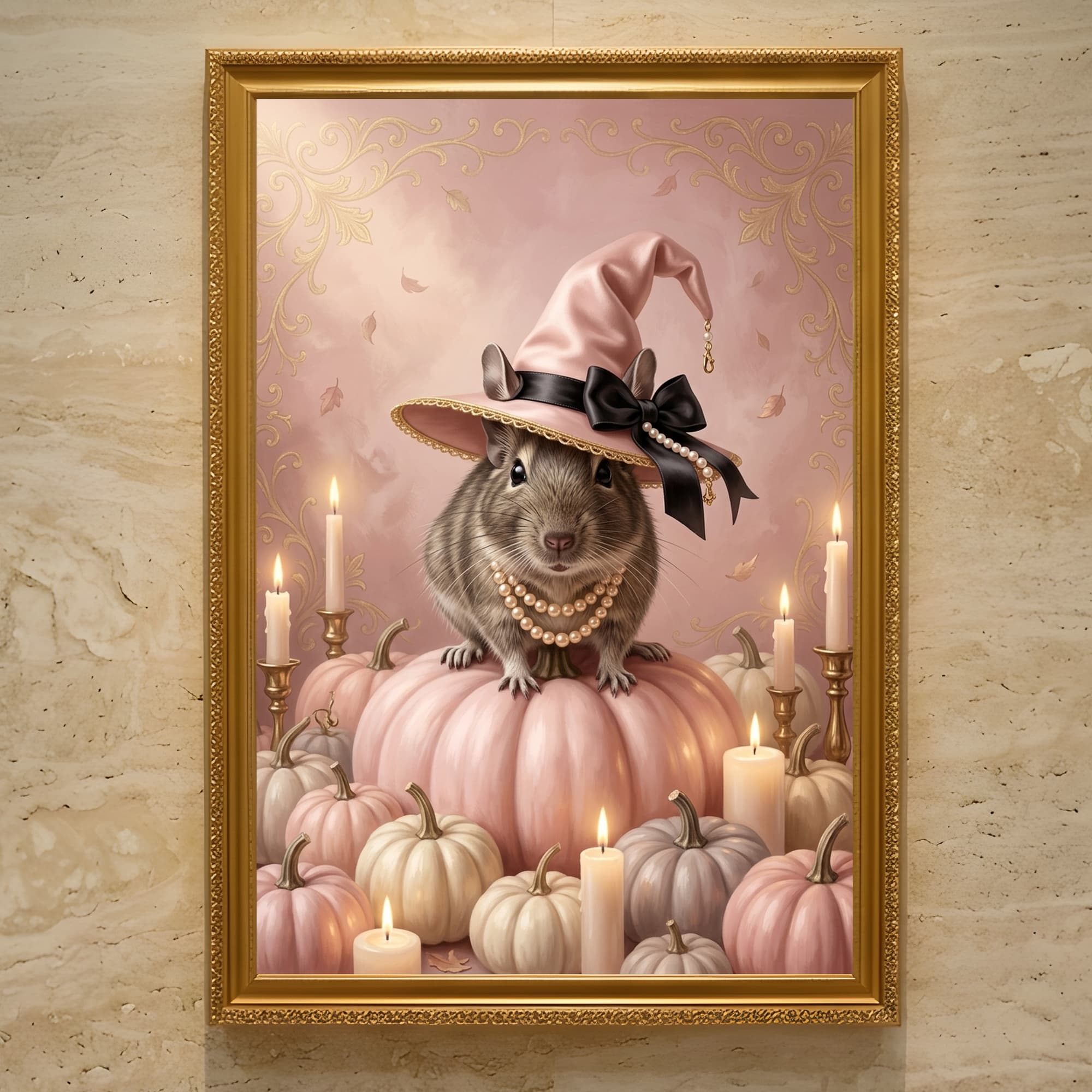 デグーのかぼちゃとキャンドルの油絵風アートハロウィン額装プリント(A3サイズ)