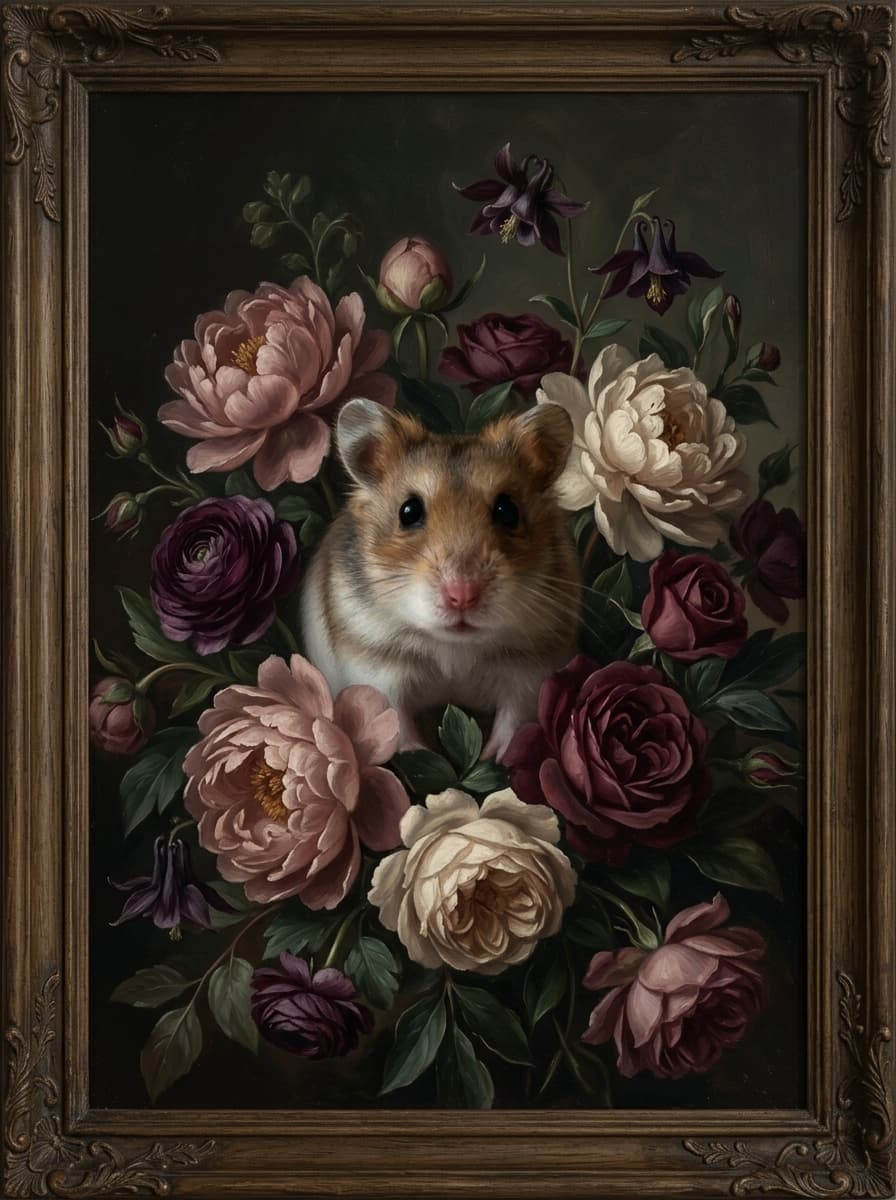 ロボロフスキーハムスターの花の油絵風アート花柄額装プリント(A4サイズ) 4