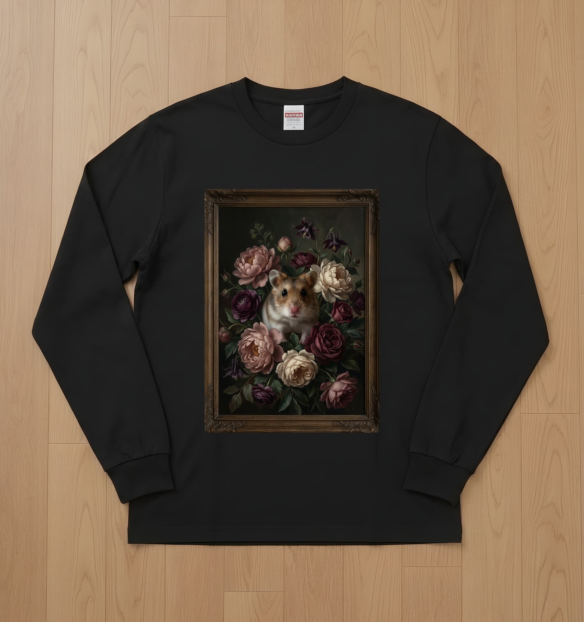 ロボロフスキーハムスターの花の油絵風アート花柄長袖Tシャツ(ブラック)