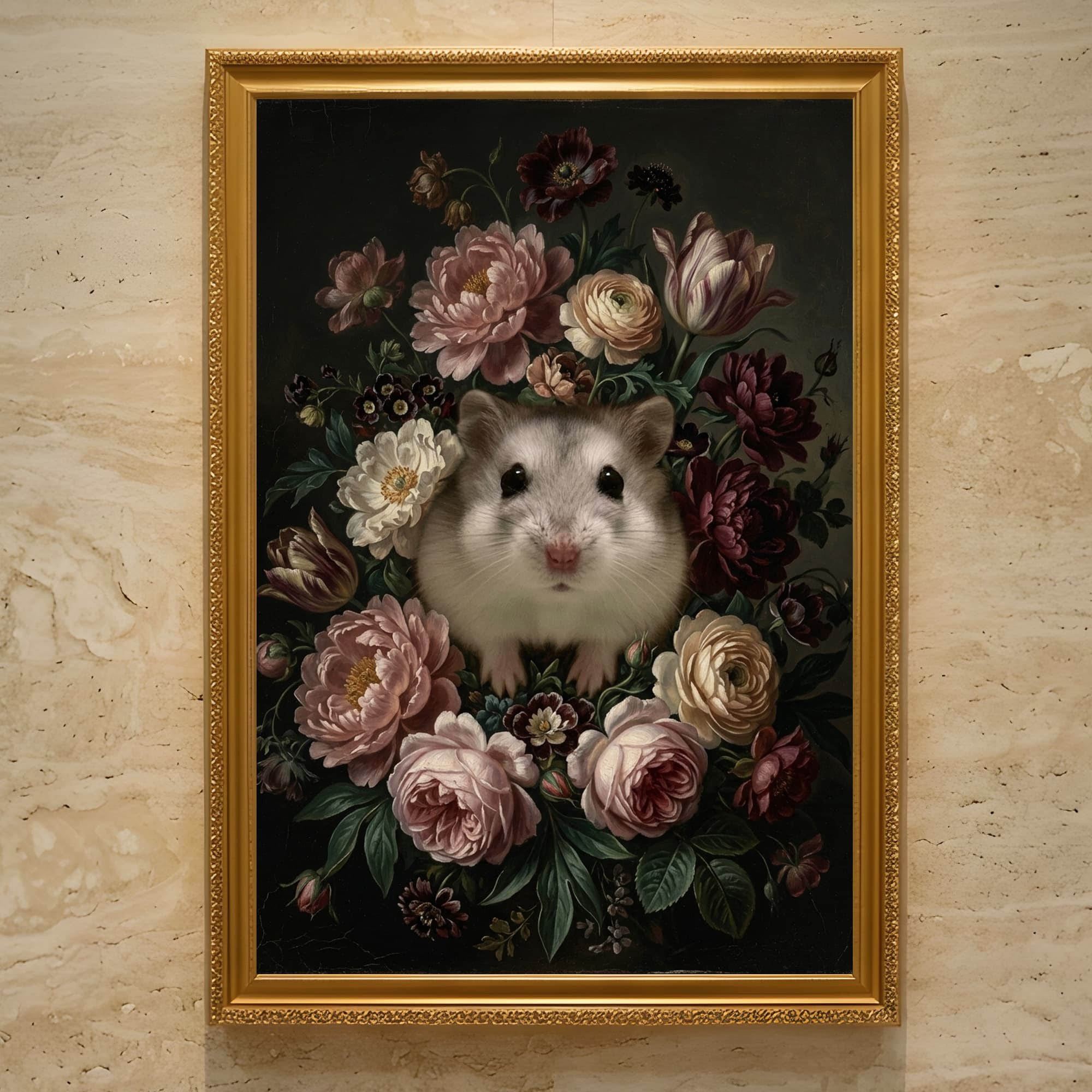 Winter White hamster Floral Oil-Painting Floral Framed Art Print (A3)