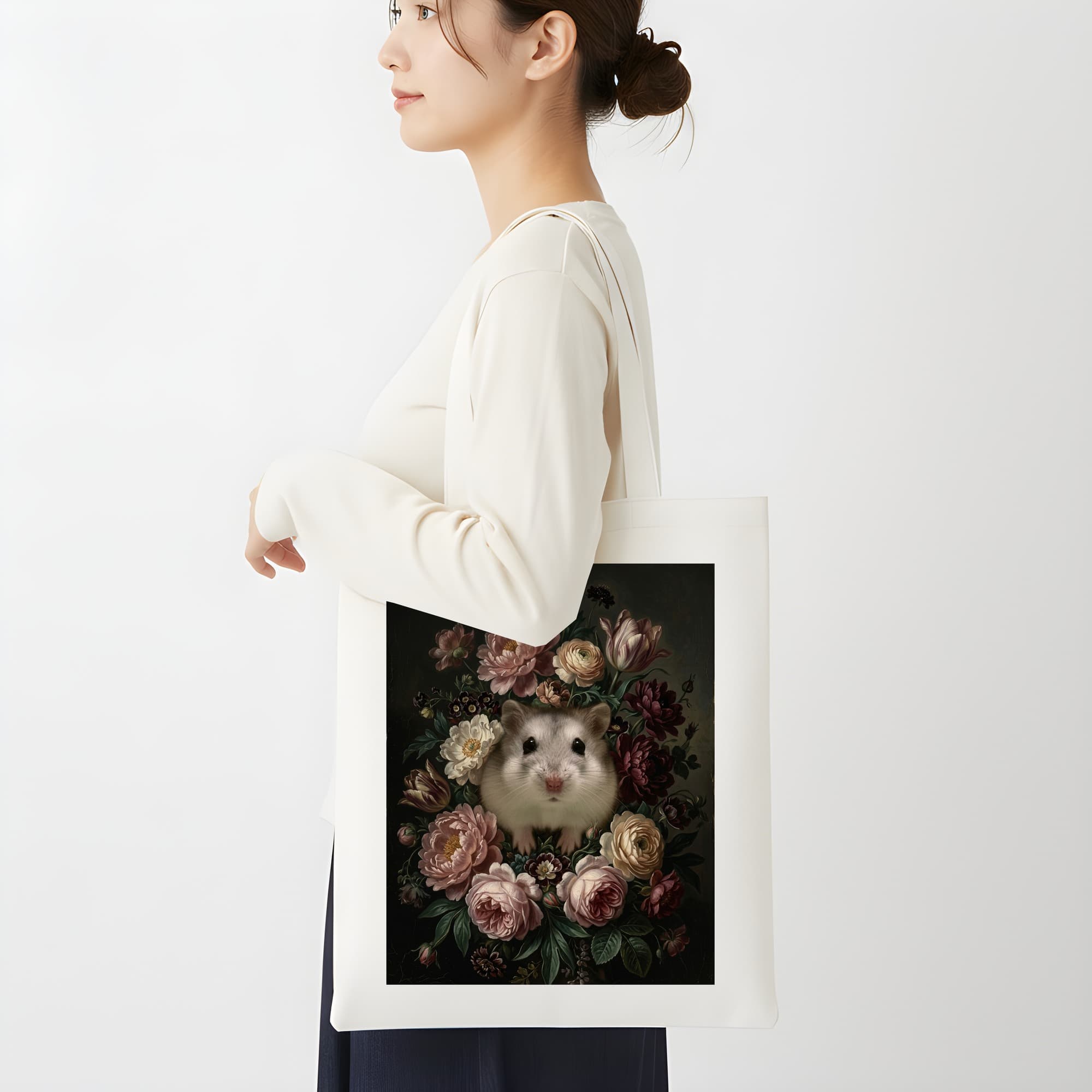 ウィンターホワイトハムスターの花の油絵風アート花柄トートバッグ 2
