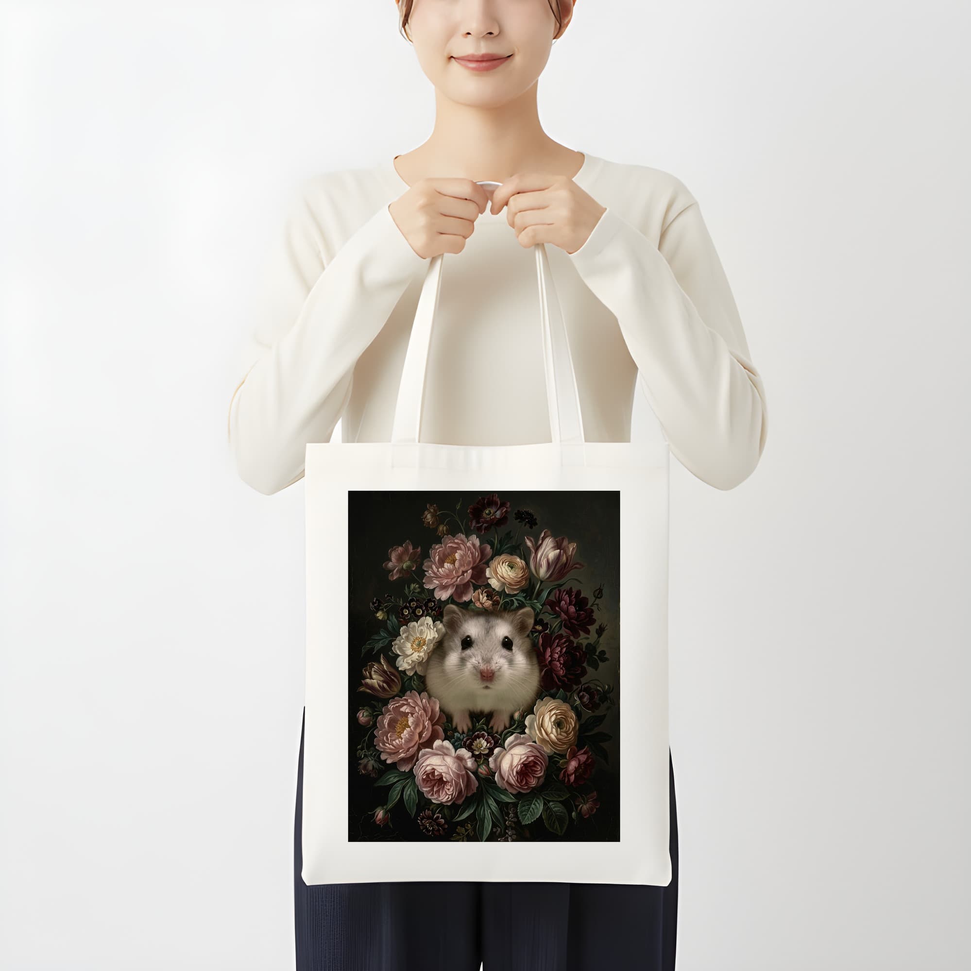 ウィンターホワイトハムスターの花の油絵風アート花柄トートバッグ 3