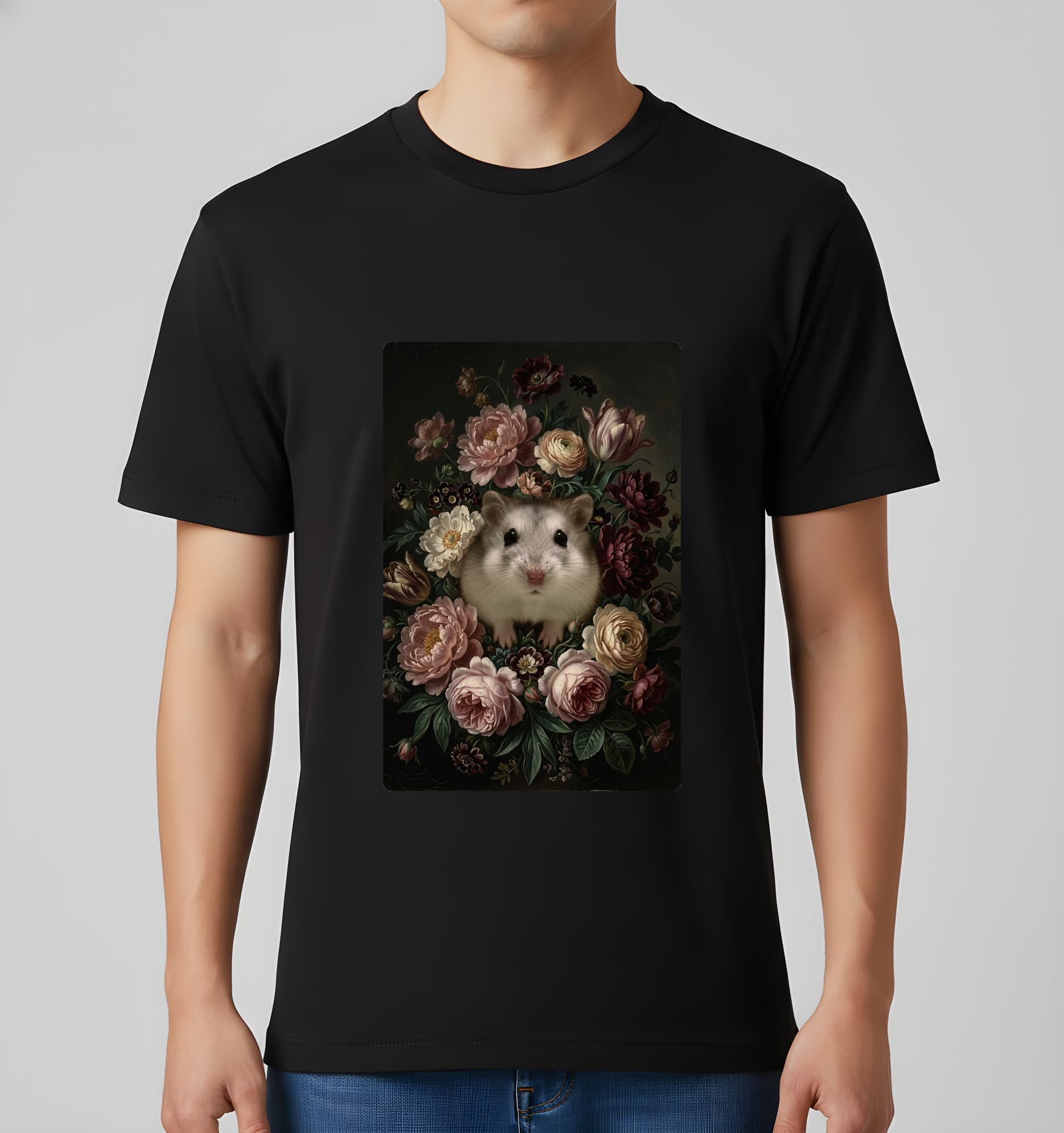 ウィンターホワイトハムスターの花の油絵風アート花柄Tシャツ(ブラック) 3