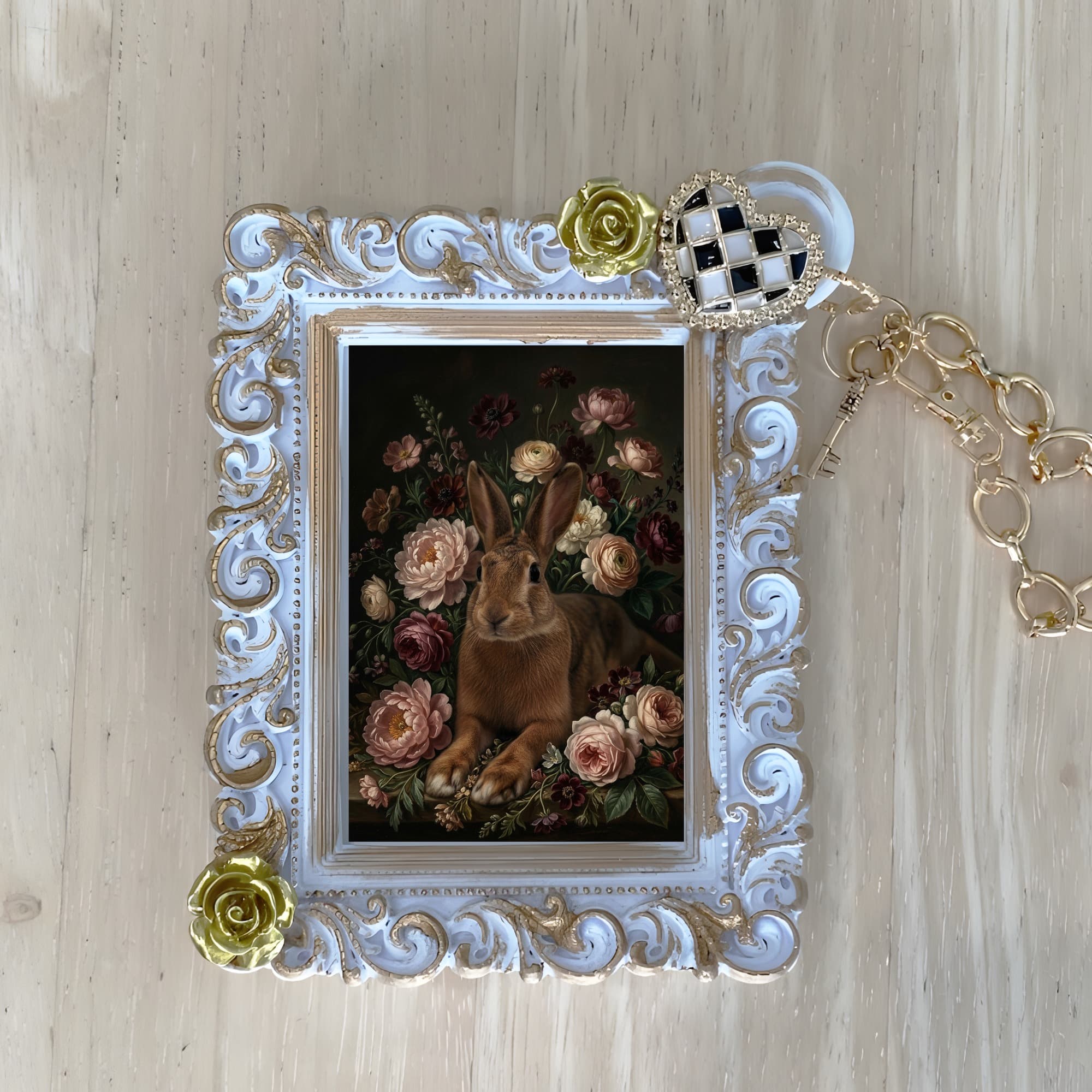 Belgian Hare Floral Oil-Painting Floral Bag Charm (White)