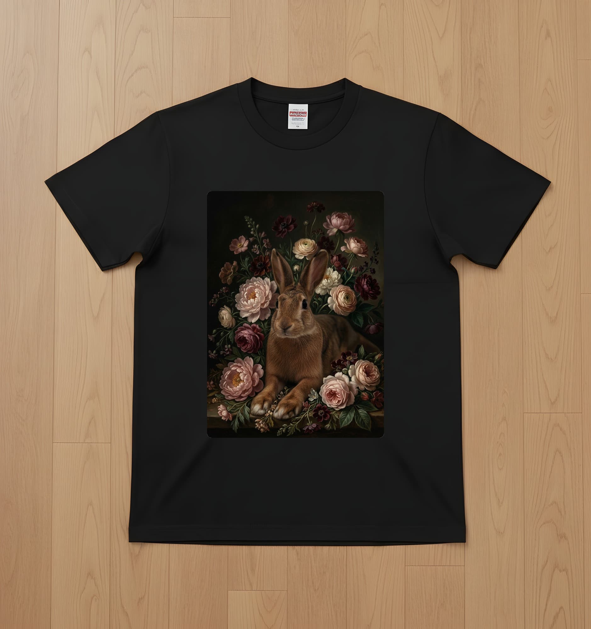ベルジアンヘアの花の油絵風アート花柄Tシャツ(ブラック)