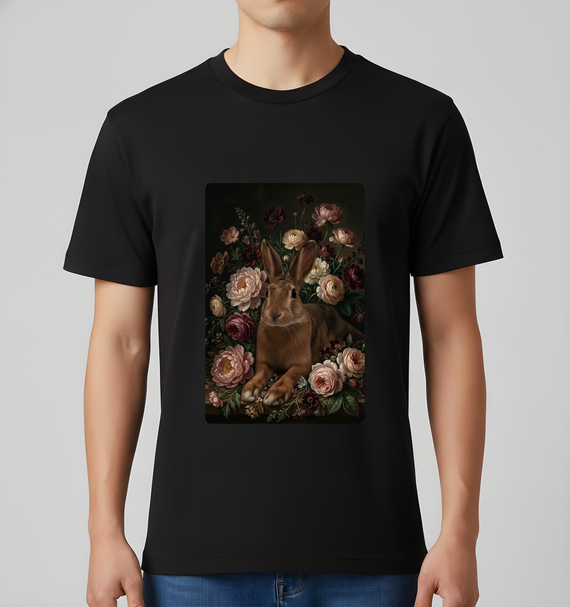 ベルジアンヘアの花の油絵風アート花柄Tシャツ(ブラック) 3