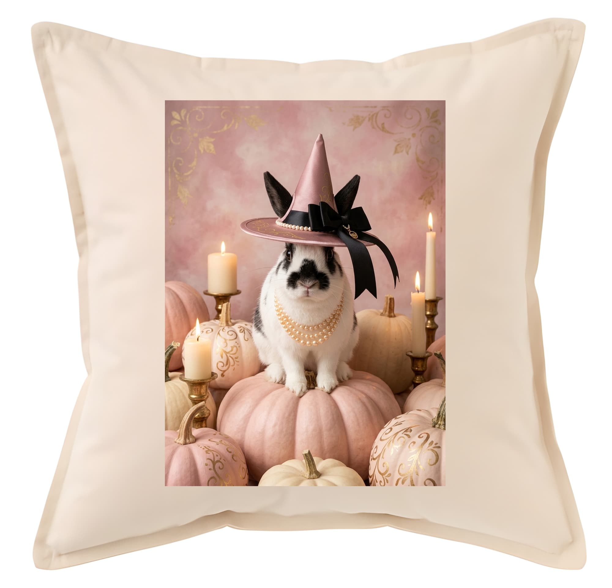 Himalayan rabbit Pumpkin & Candlelight Oil-Painting Halloween Cushion