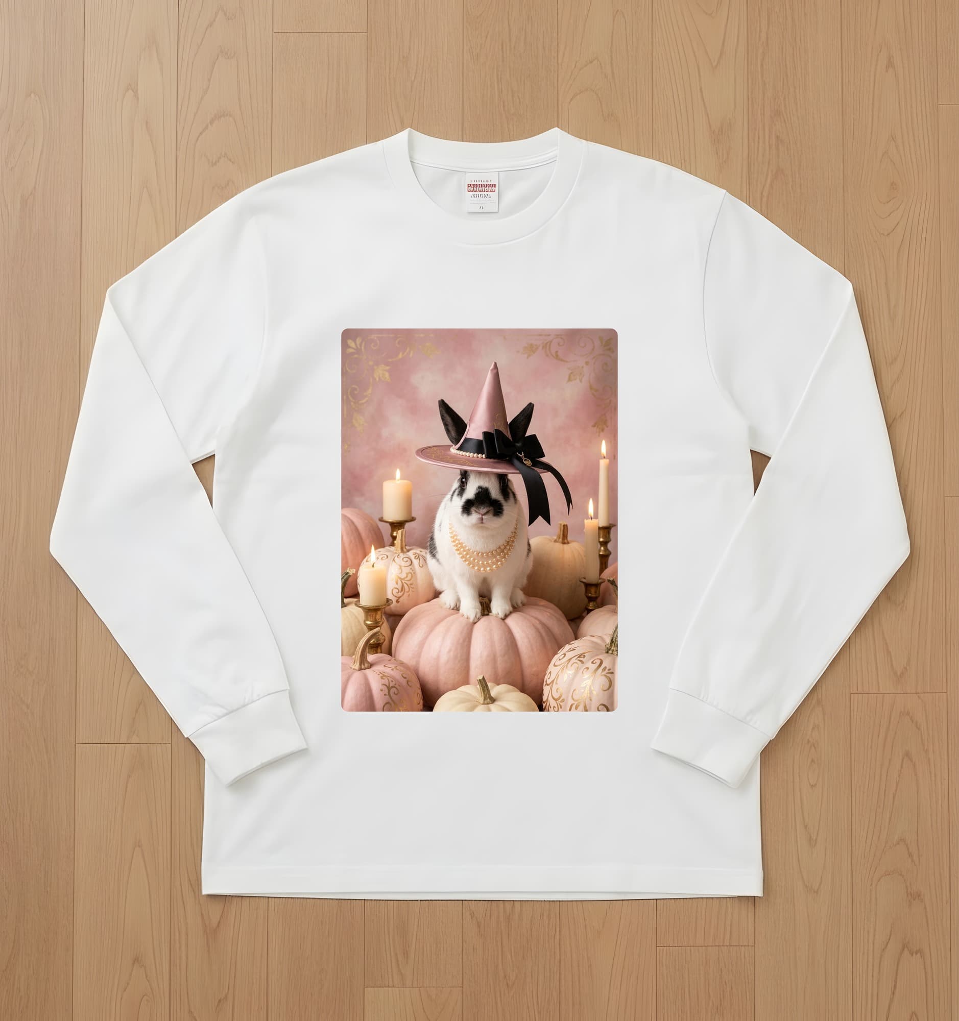 ヒマラヤンのかぼちゃとキャンドルの油絵風アートハロウィン長袖Tシャツ(ホワイト)